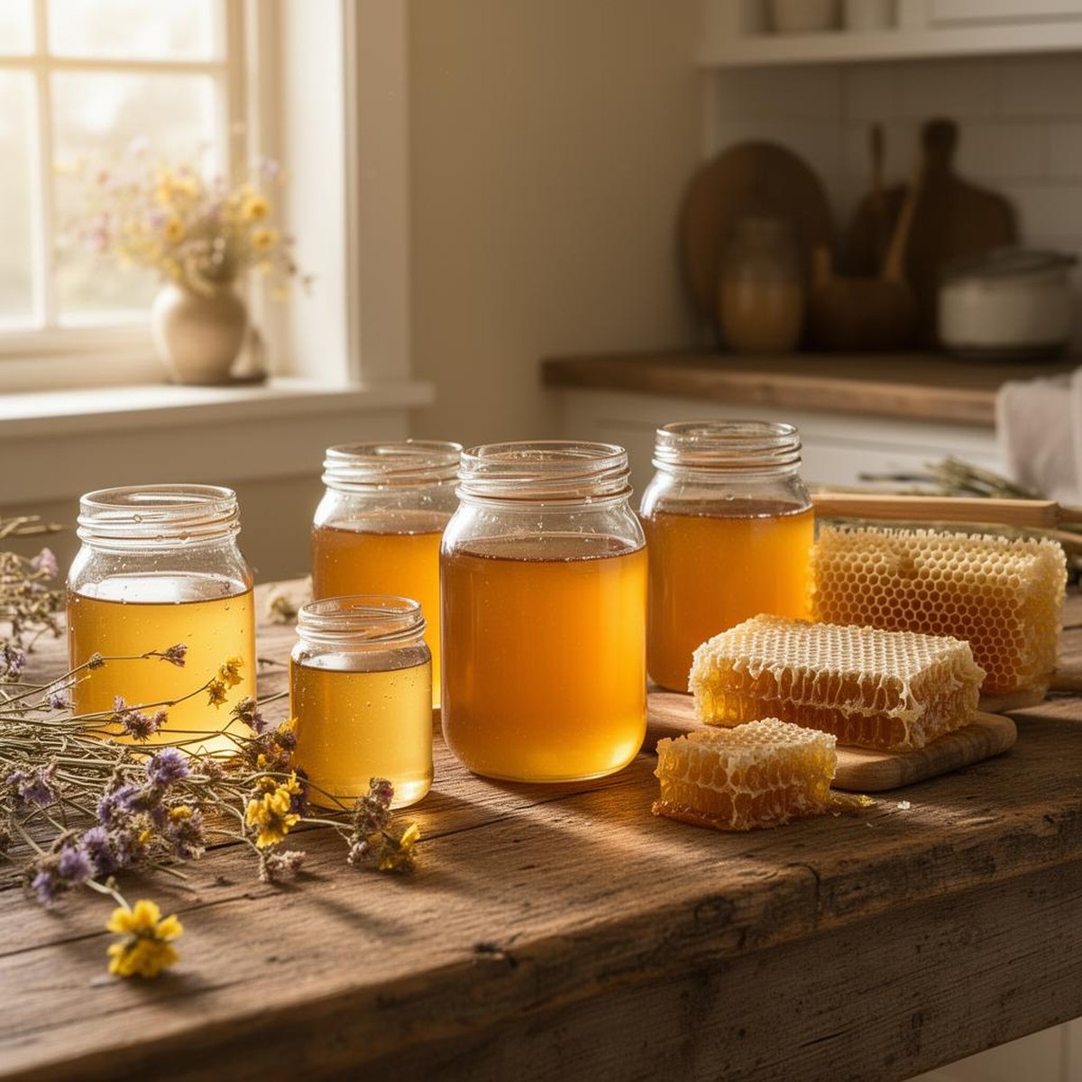 Honey harvest jars arranged for apiary batch traceability records