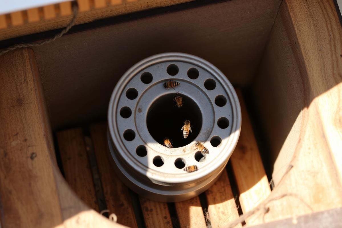 A Round Rapid Feeder Sitting In An Empty Super Above A