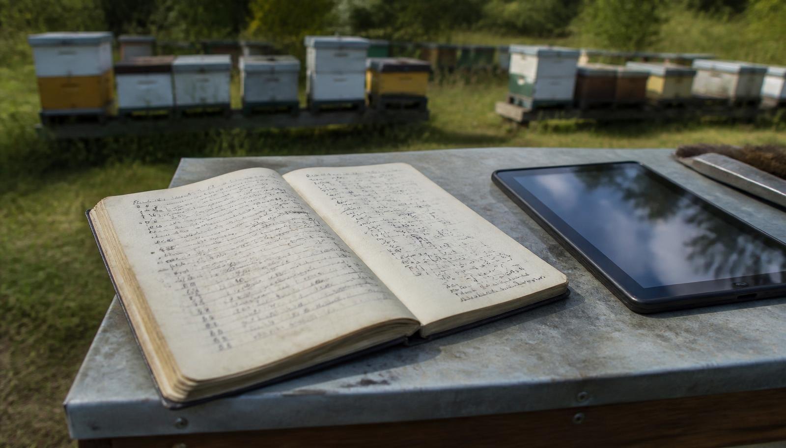 An Old Inspection Notebook Beside A Tablet On A Hive Roof