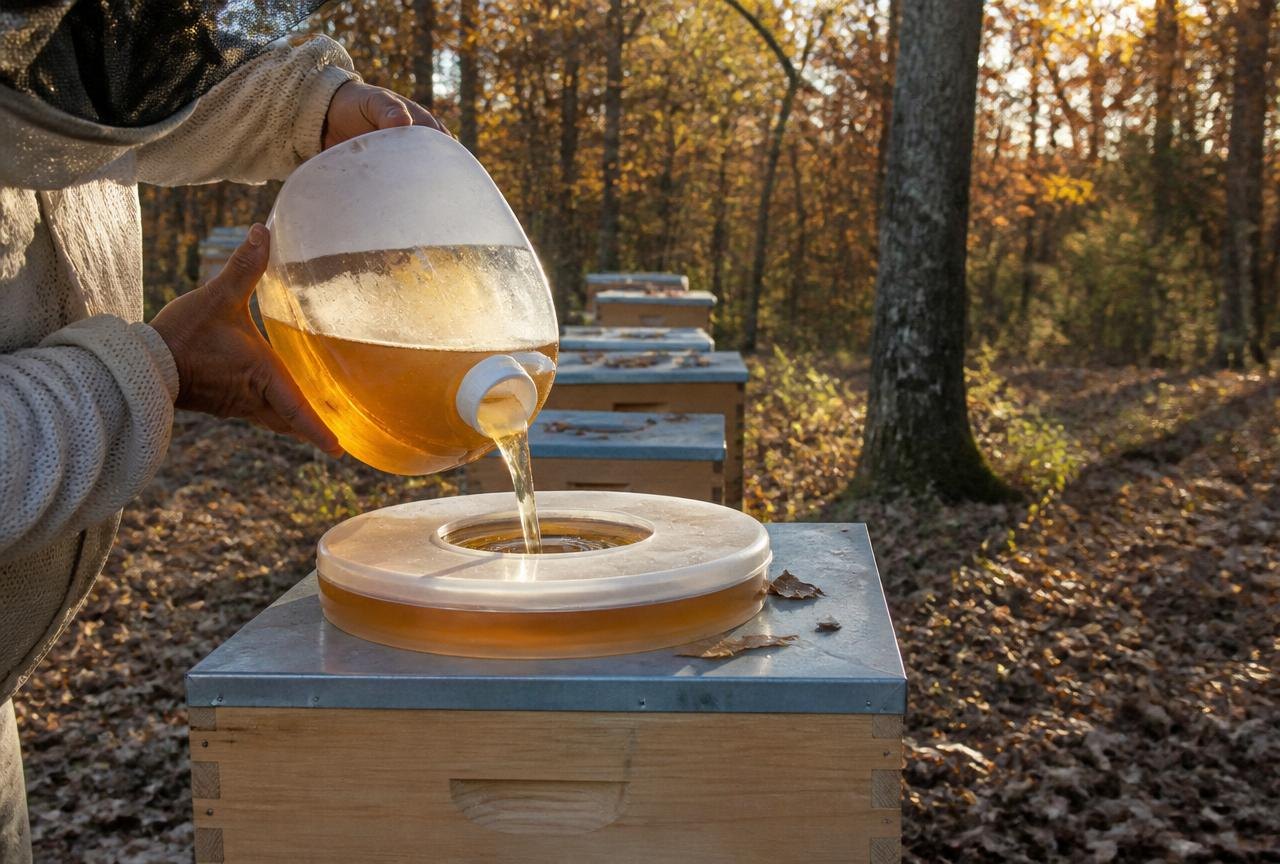 Beekeeper checking Autumn Feeding Syrup Ratios for seasonal beekeeping