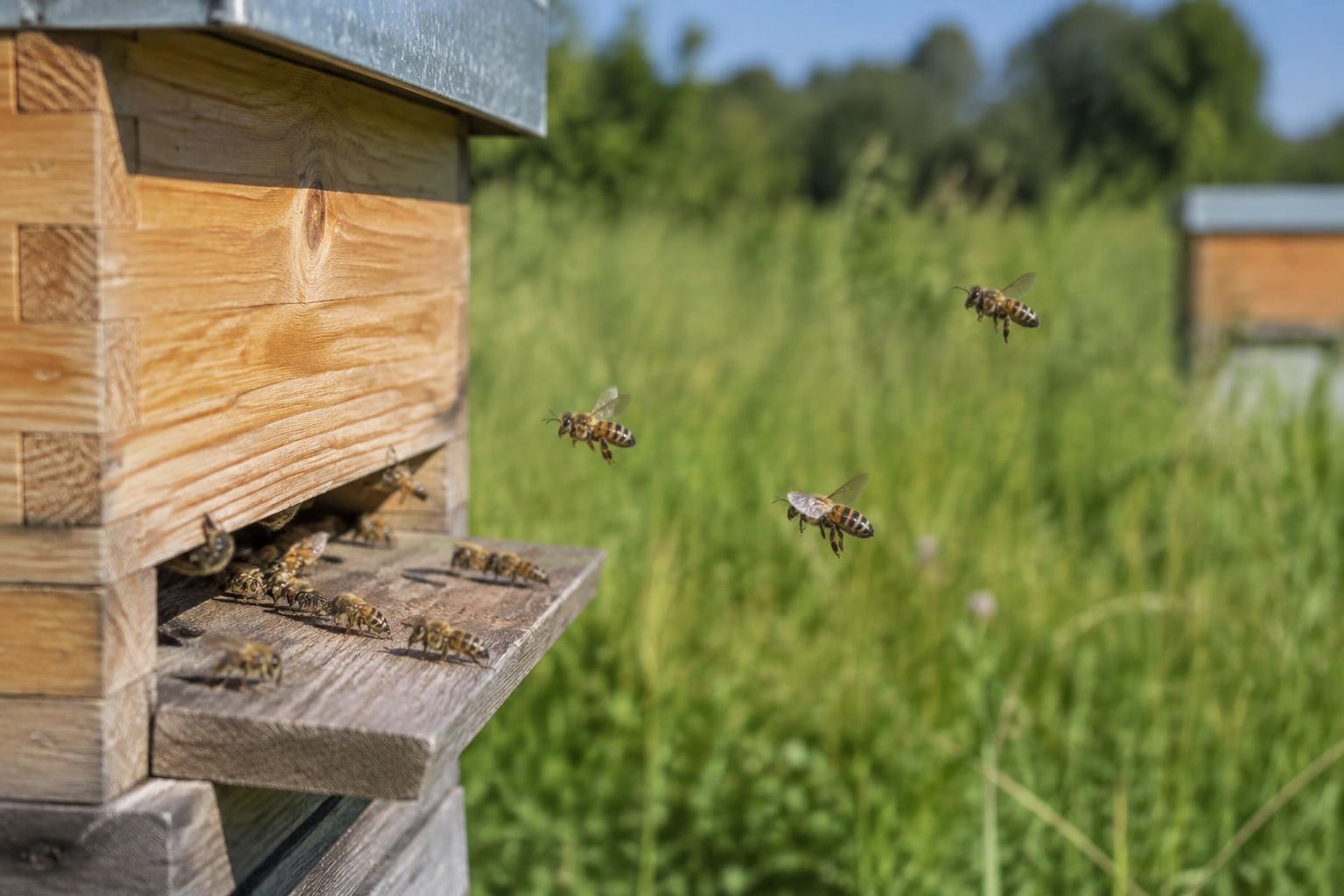 Honey bees hovering beside a wooden hive entrance in daylight