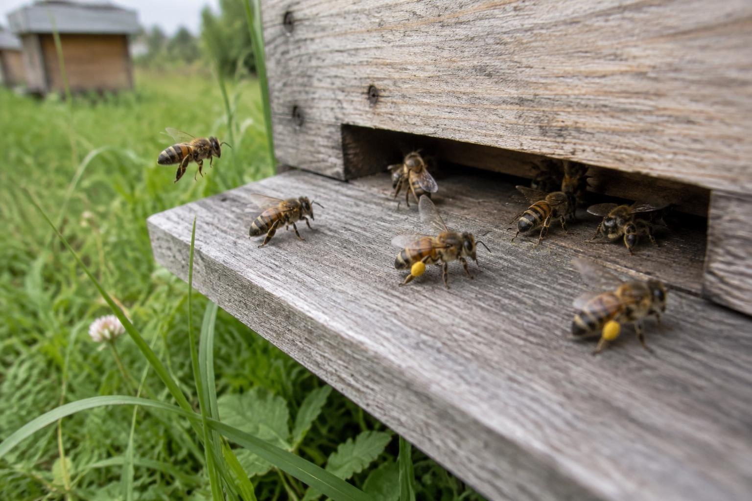 Pollen-carrying honey bees returning to a weathered wooden hive entrance