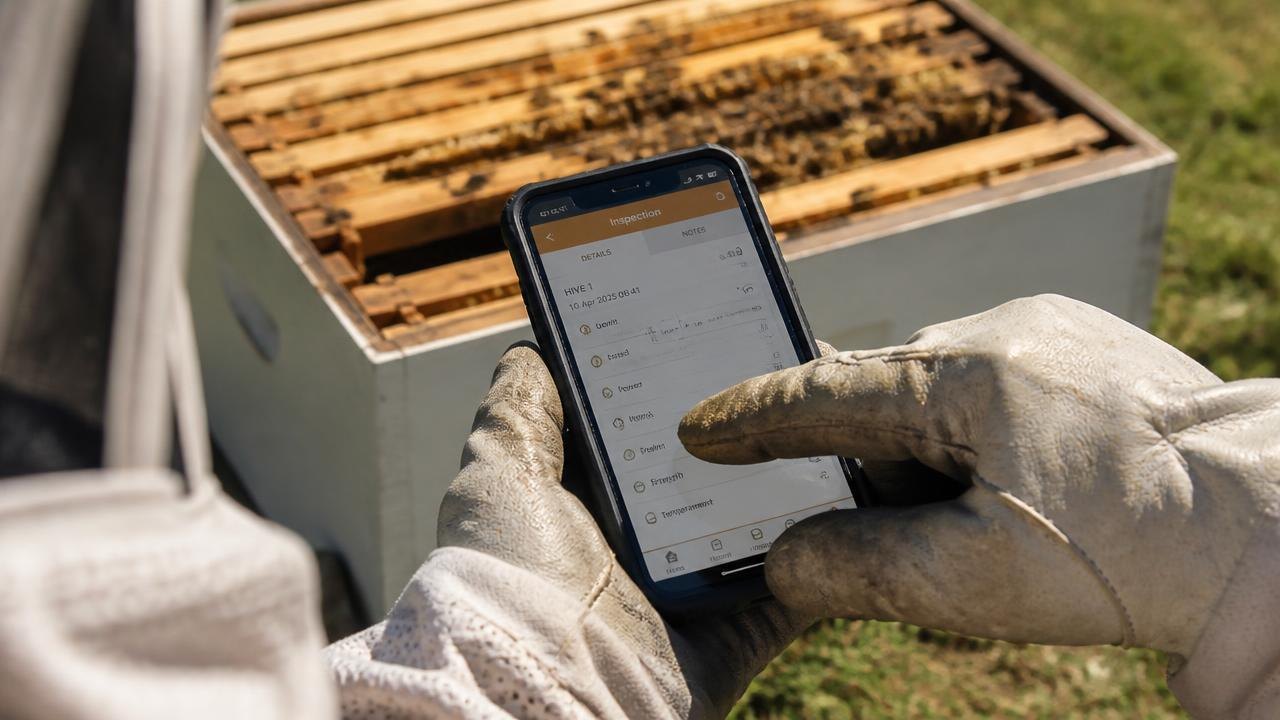 Logging A Hive Inspection On A Phone Beside An Open Hive