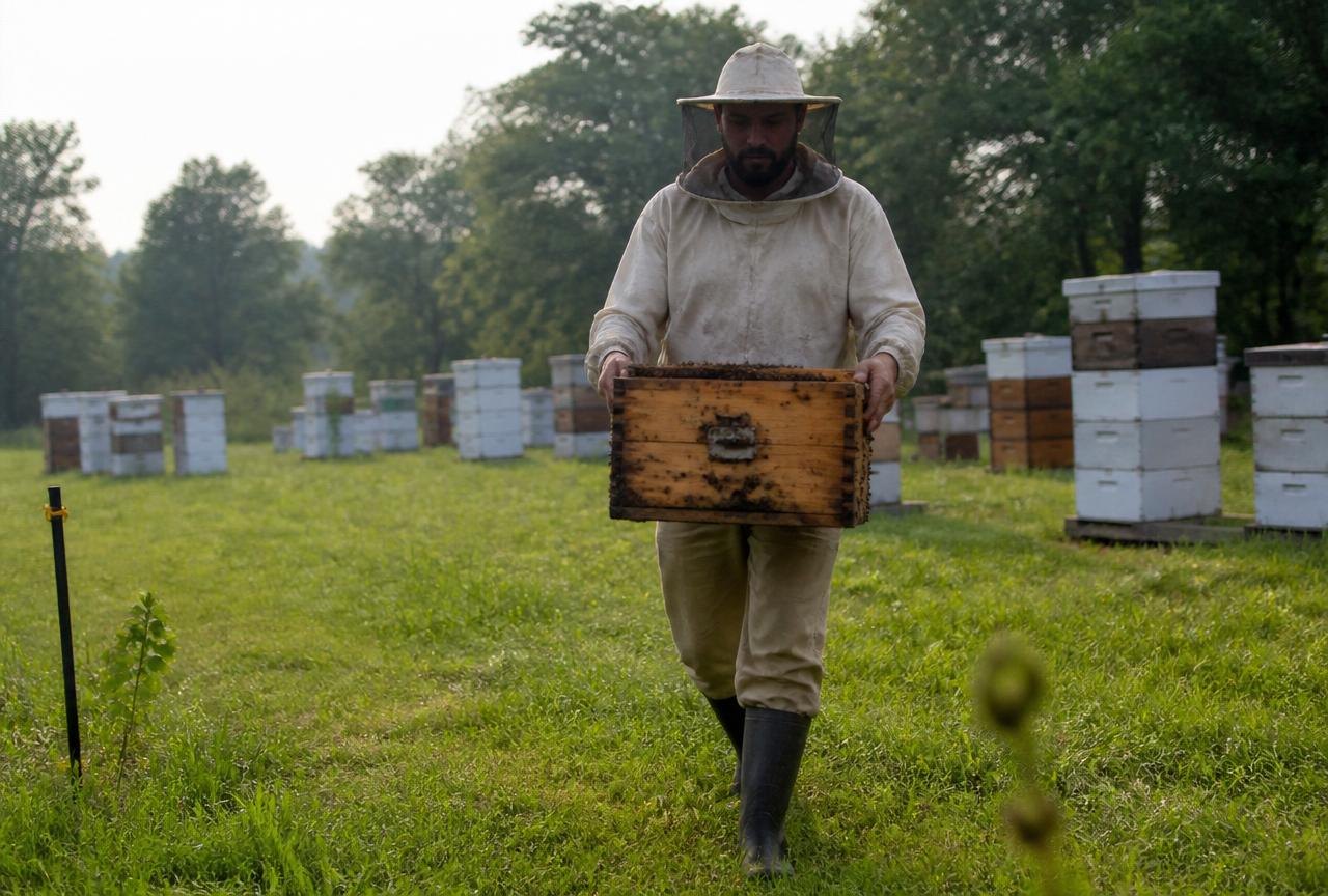 Beekeeper checking Buying Bees Nucs Packages for beginner beekeeping
