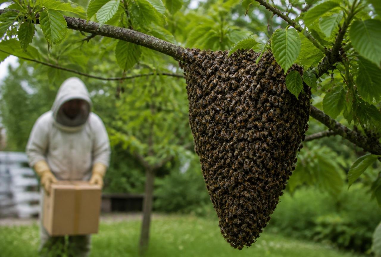 A Honey Bee Swarm Clustered On A Low Branch Ready To