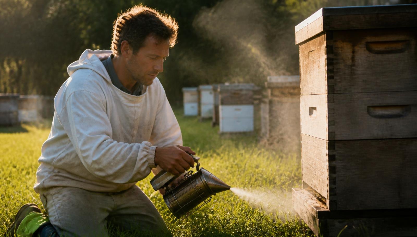 Beekeeper checking Calm Handling Working Bees for apiary management