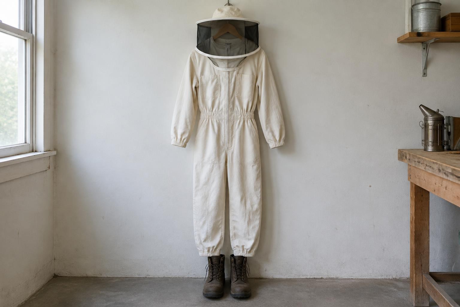 Full beekeeping suit hanging with an attached round mesh veil