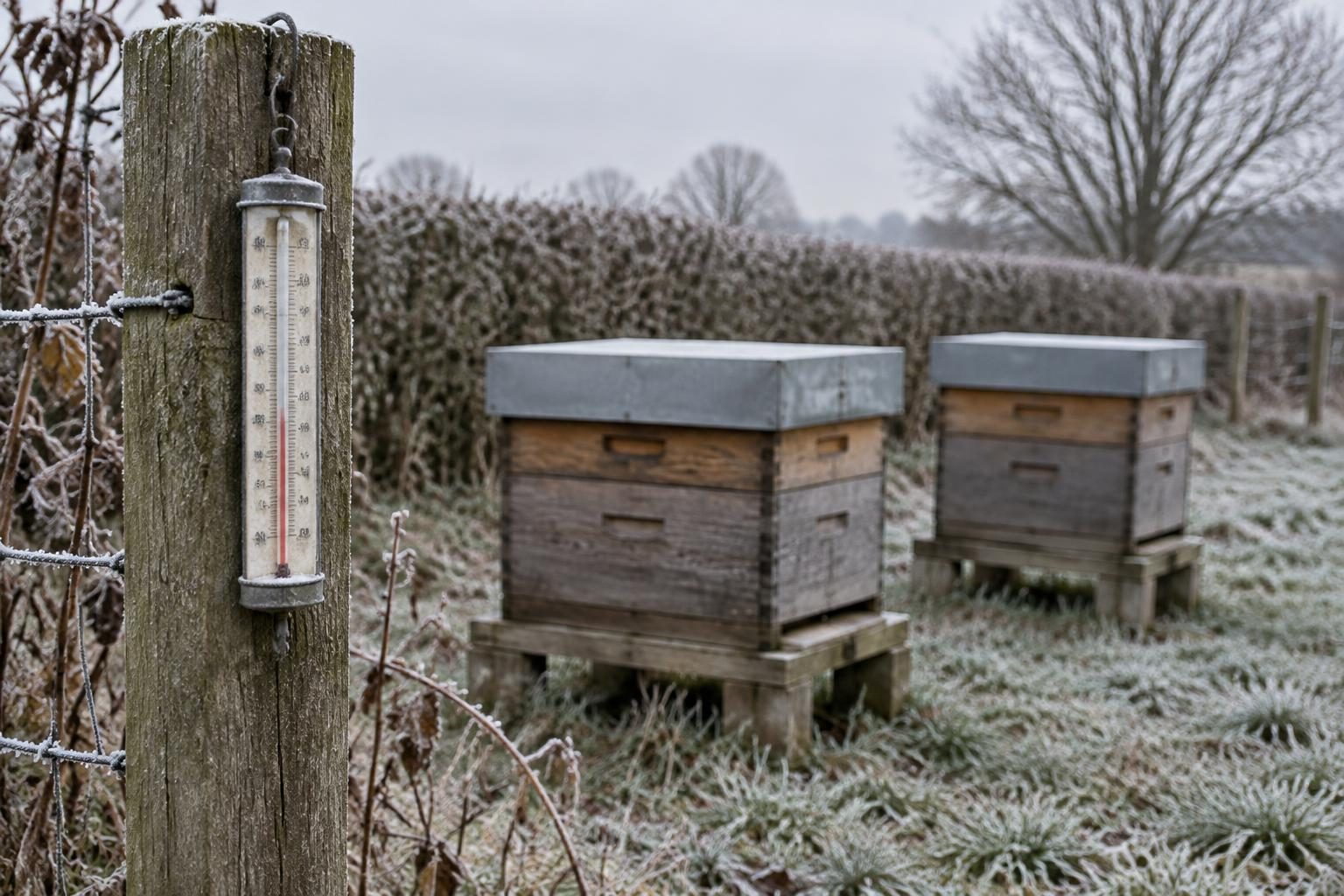 Thermometer on a frosty fence post beside closed beehives on a cold morning
