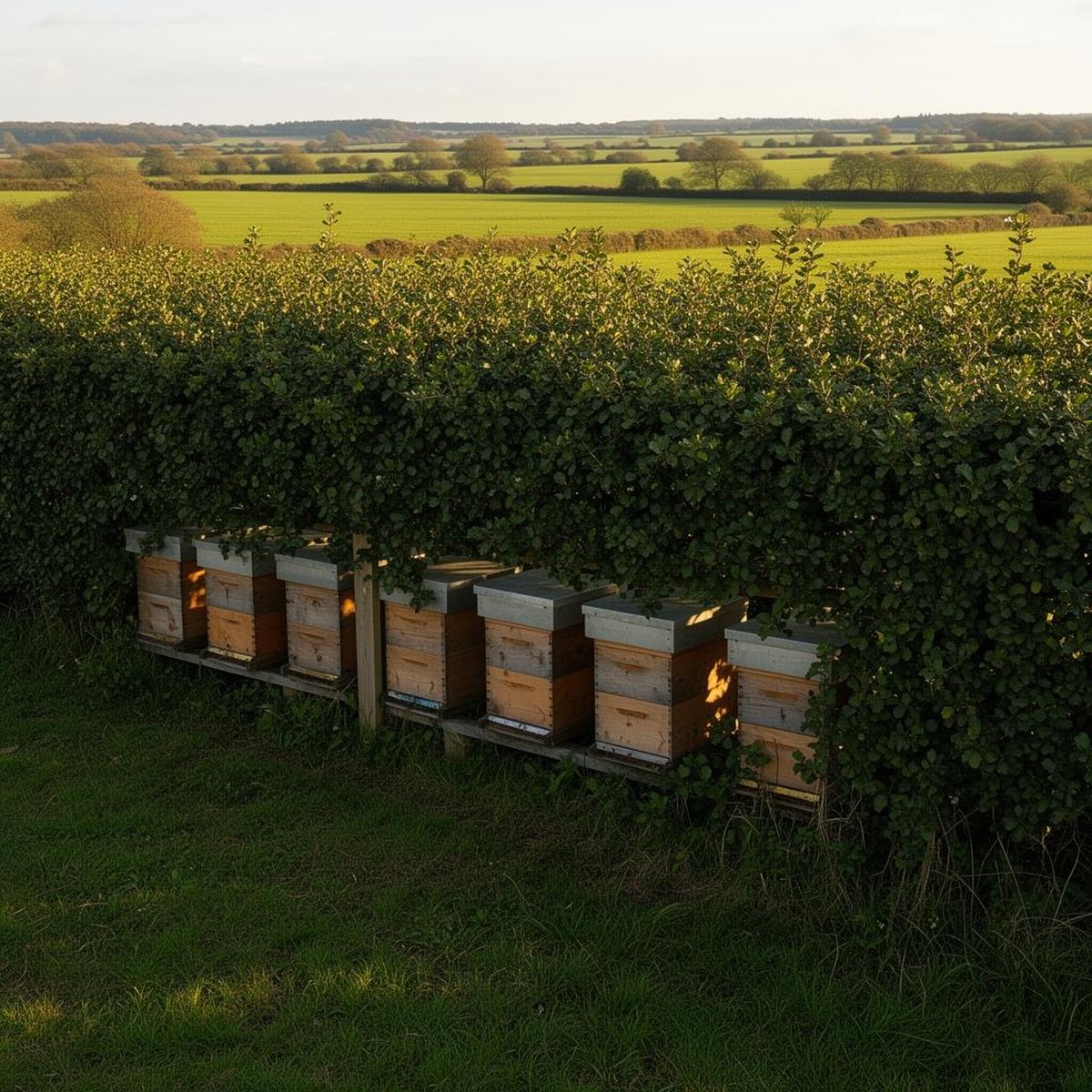 Wooden Beehives Sheltered Behind A Hawthorn Hedge In Evening Light