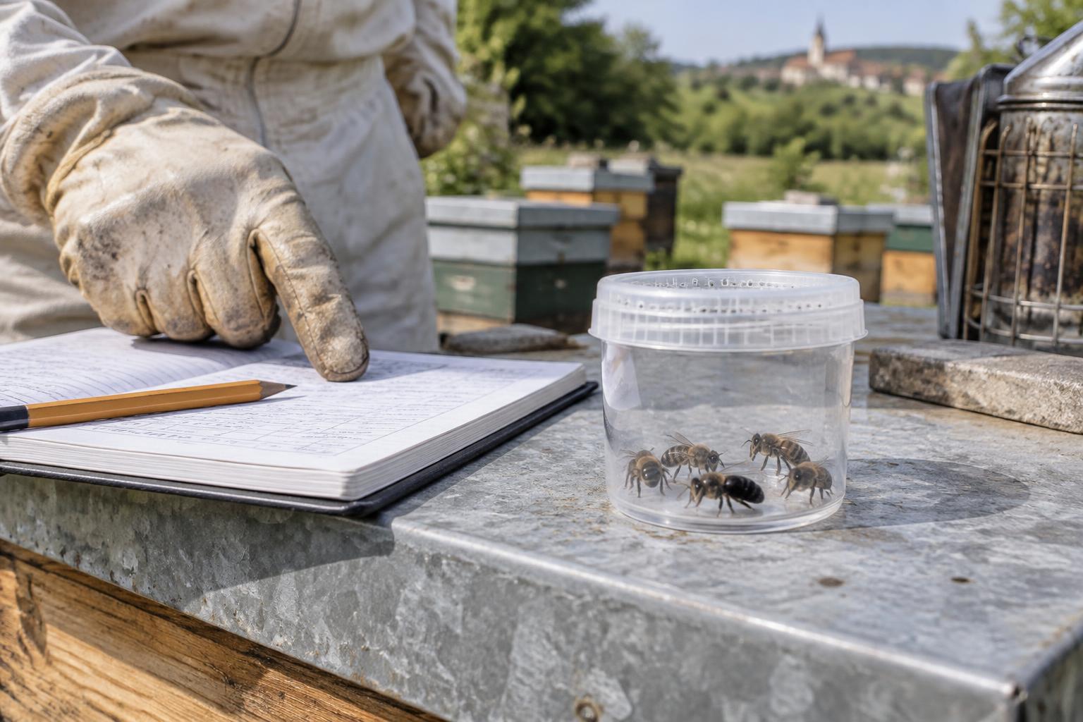 Beekeeper recording a small bee health sample beside the affected hive