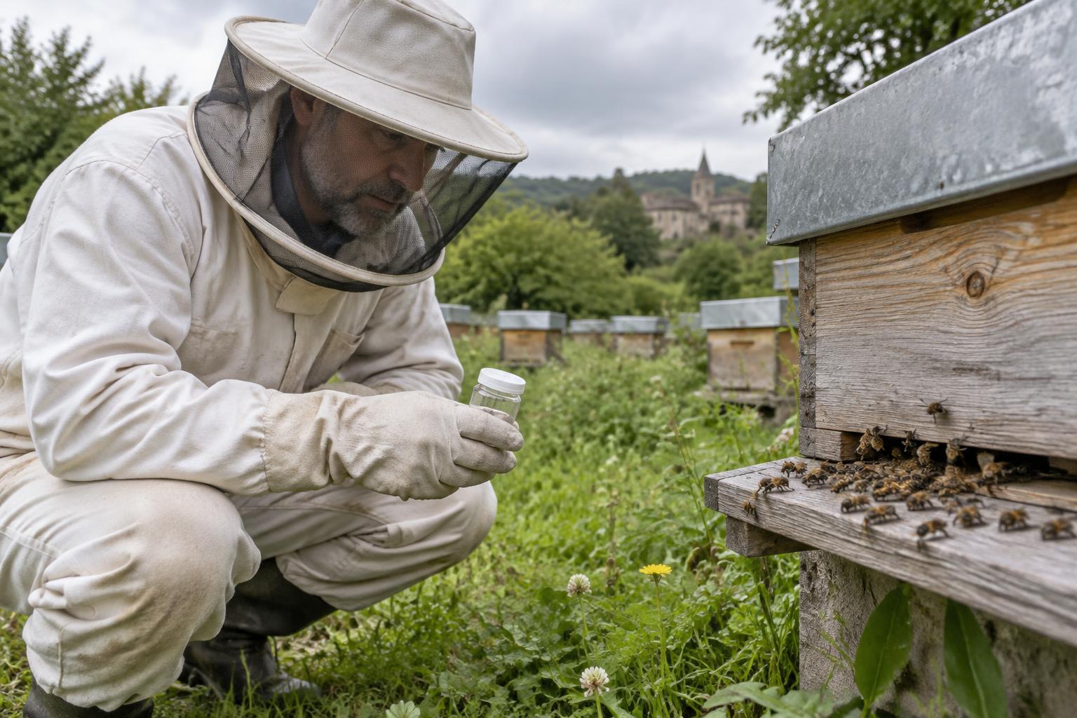 Beekeeper observing possible chronic bee paralysis signs at a hive entrance