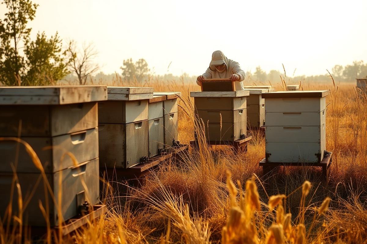 Beekeeper checking Closing Down Apiary Autumn for seasonal beekeeping