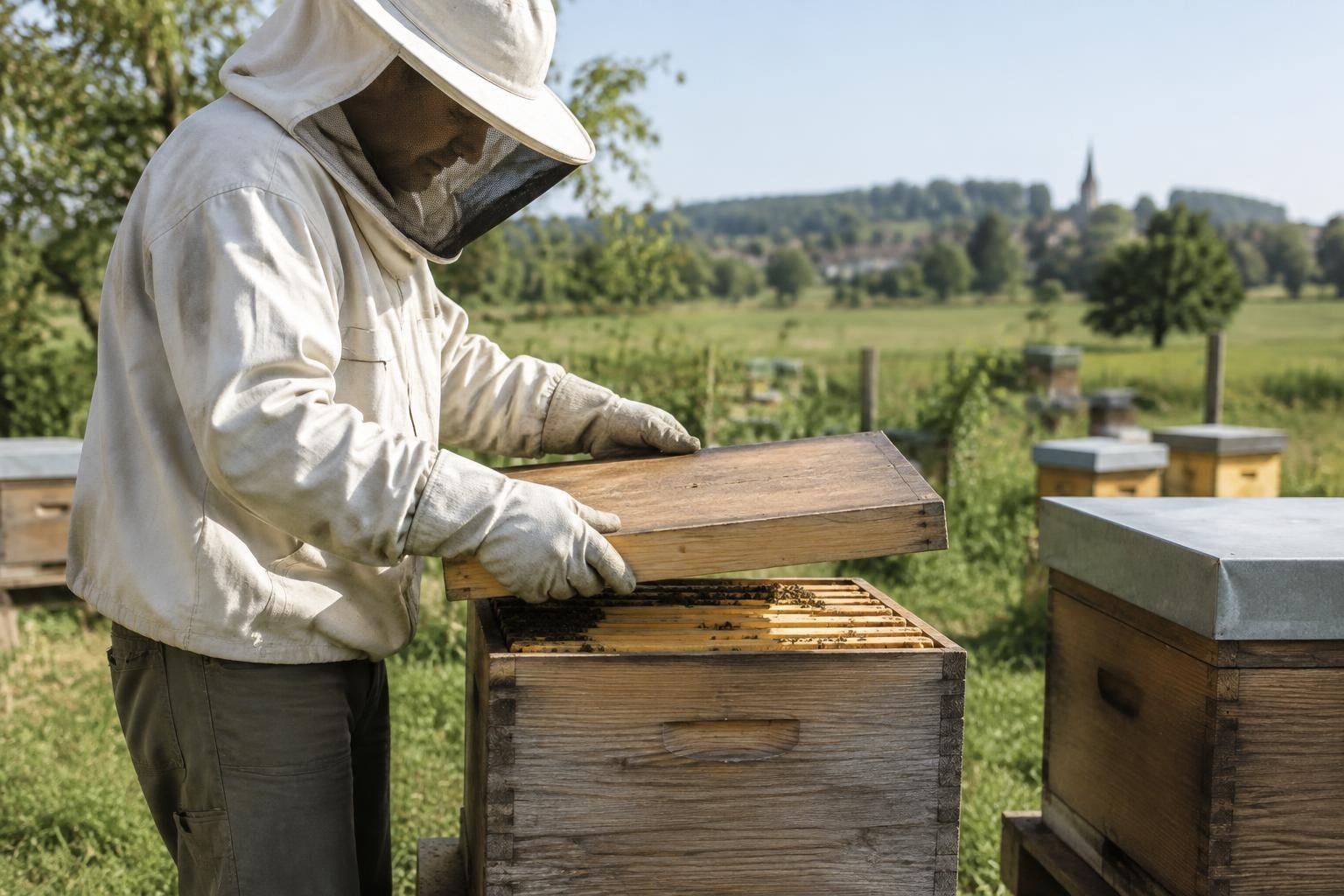 Beekeeper carefully replacing a wooden cover after a hive inspection