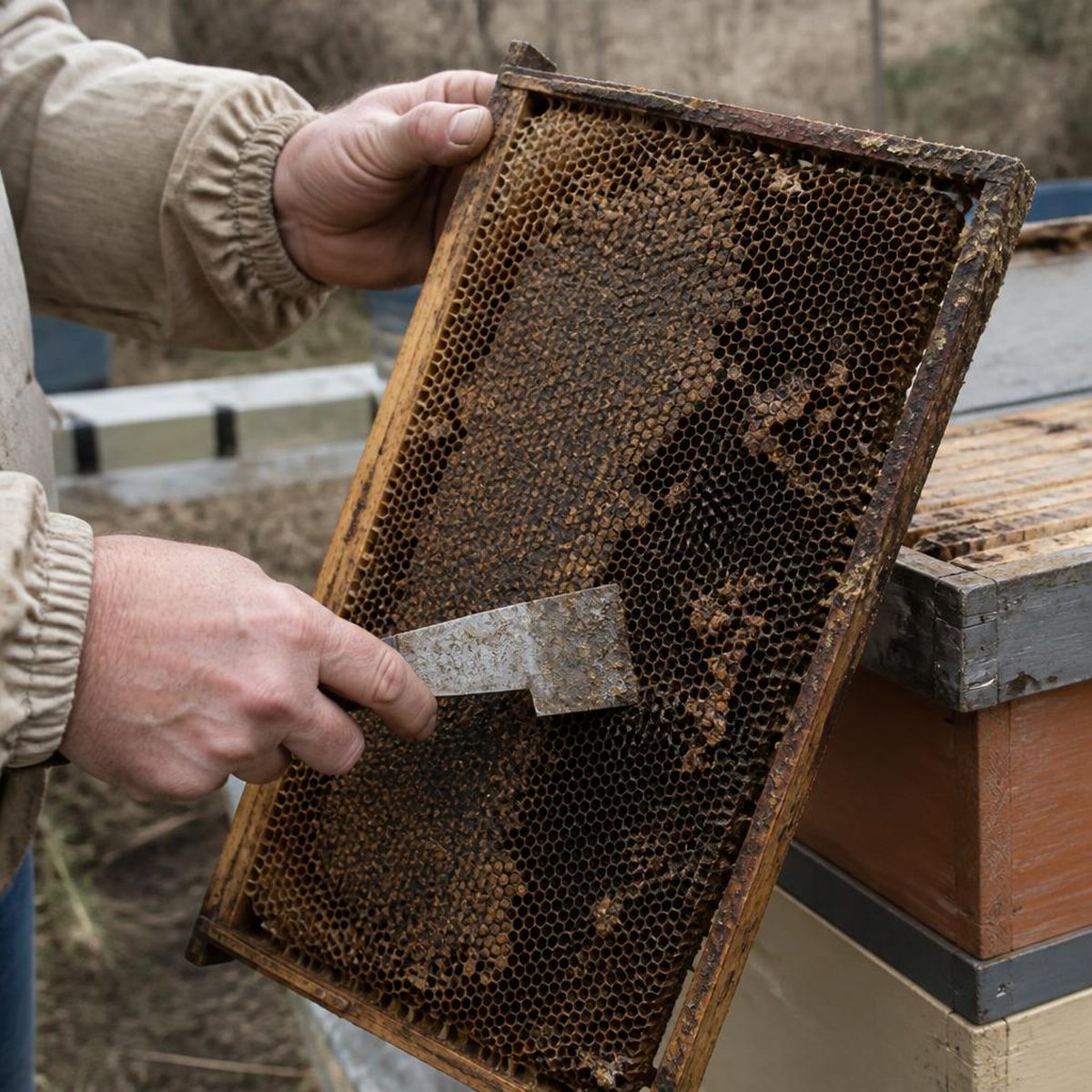 Beekeeper Using A Hive Tool To Scrape Wax And Propolis Off
