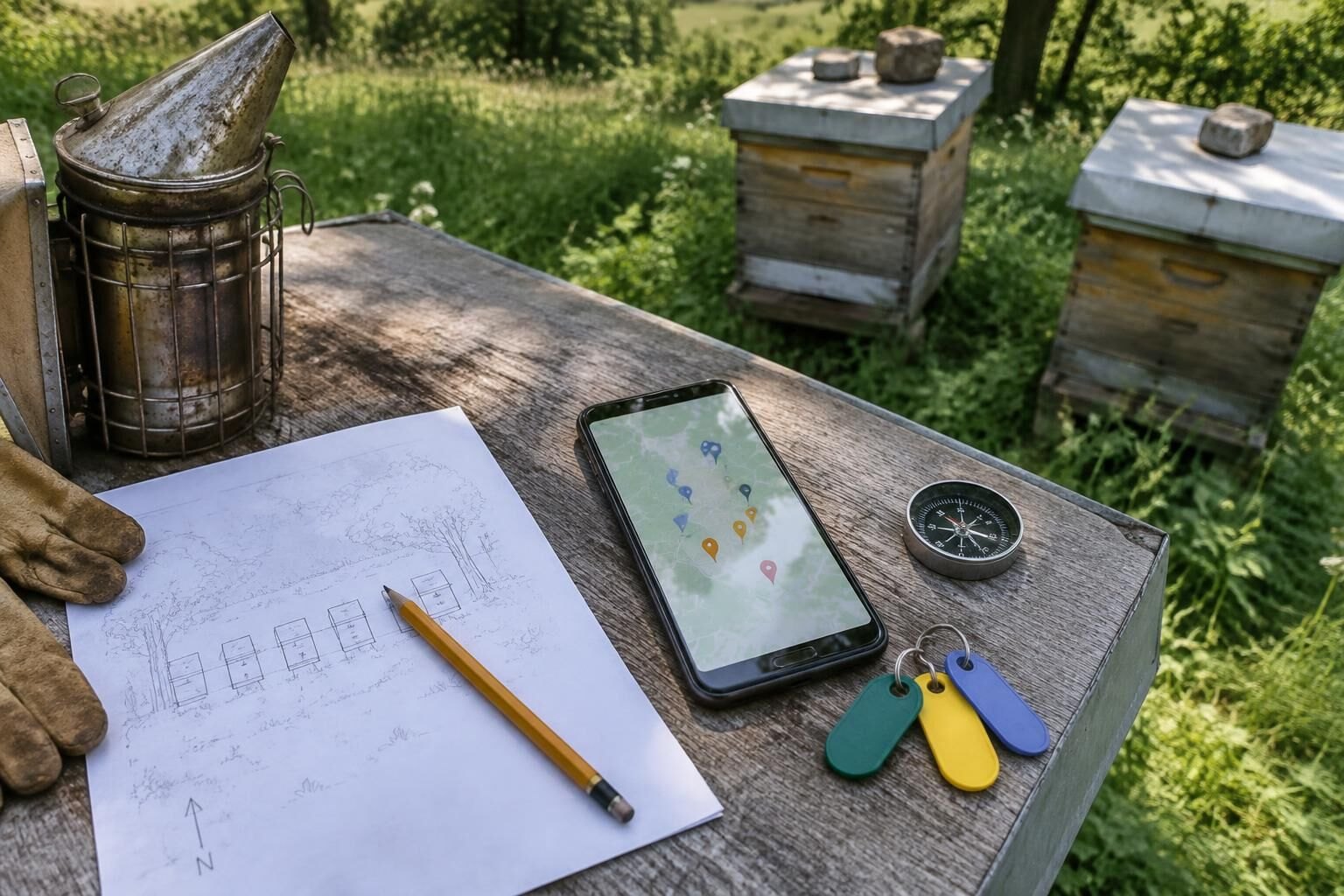 A Phone Map And Paper Hive Layout On An Apiary Work