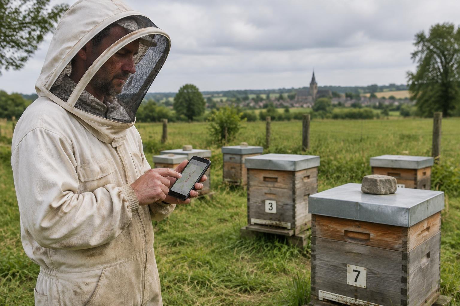 Beekeeper checking Digital Apiary Maps Organising for hive records