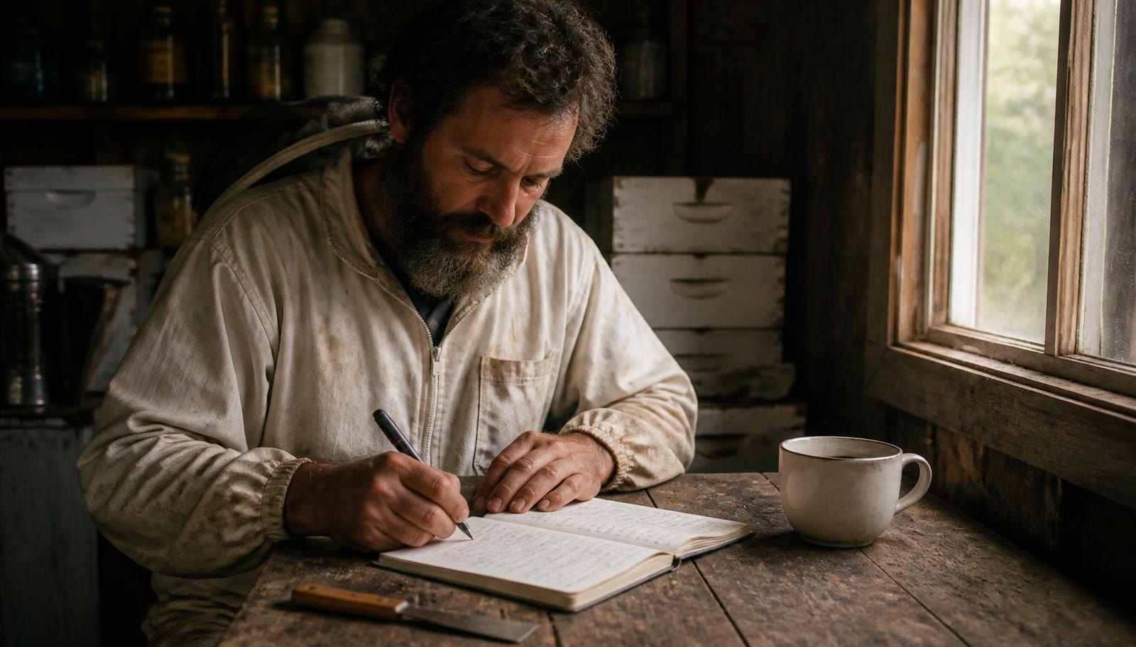 Beekeeper checking End Season Review Actually for apiary management