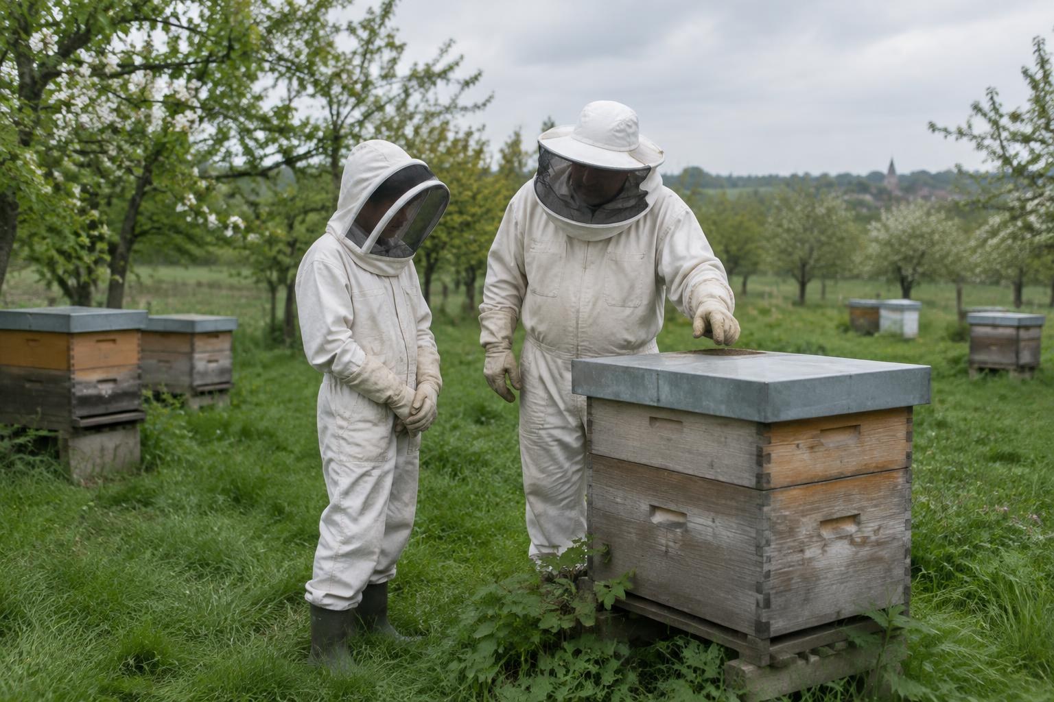 Beginner and mentor discussing a closed hive in an orchard