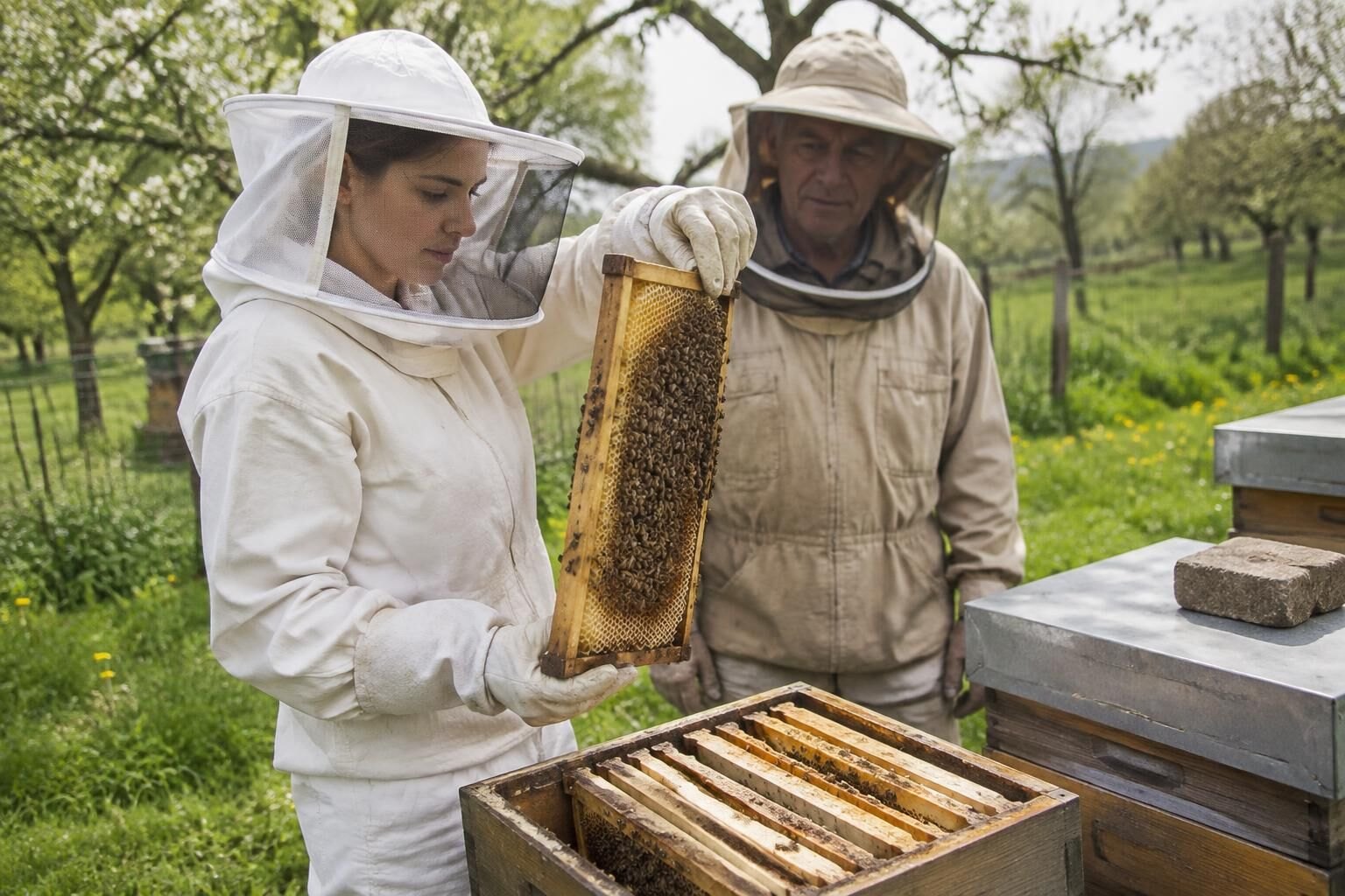 Beekeeper checking First Hive Inspection Calm for beginner beekeeping