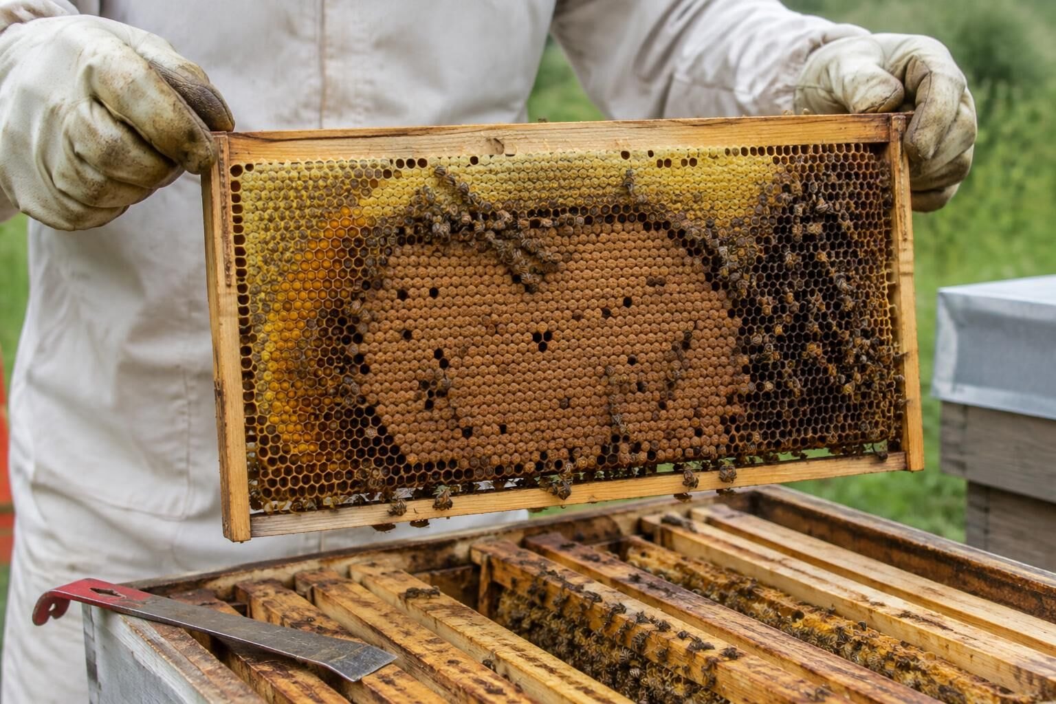 A Beekeeper Holding A Healthy Brood Frame Above An Open Hive
