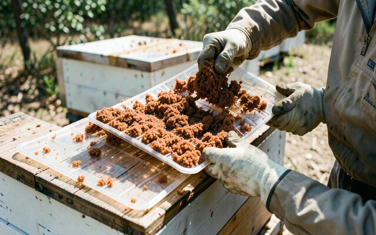 Beekeeper checking Harvesting Propolis Cleanly Trap for honey harvest
