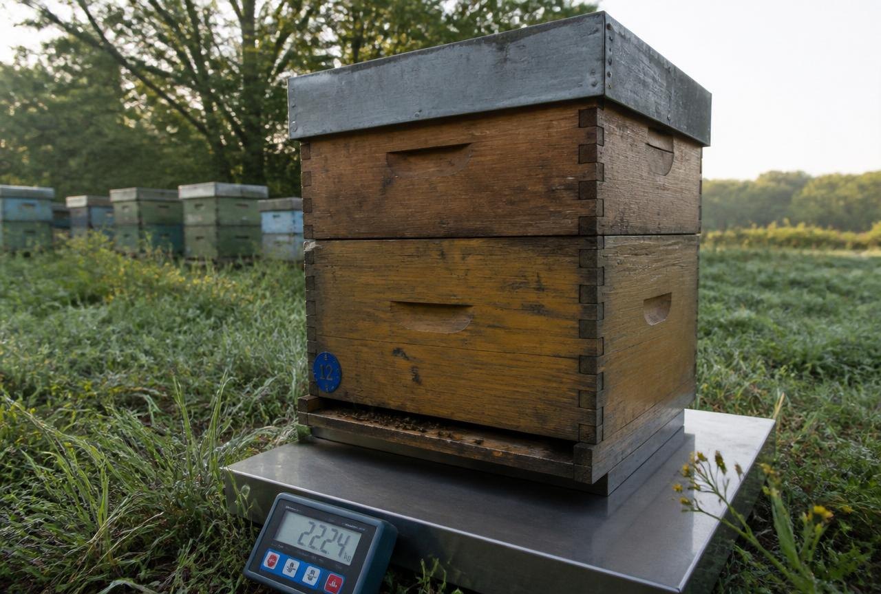 Beekeeper checking Hive Scales Daily Weight for hive records