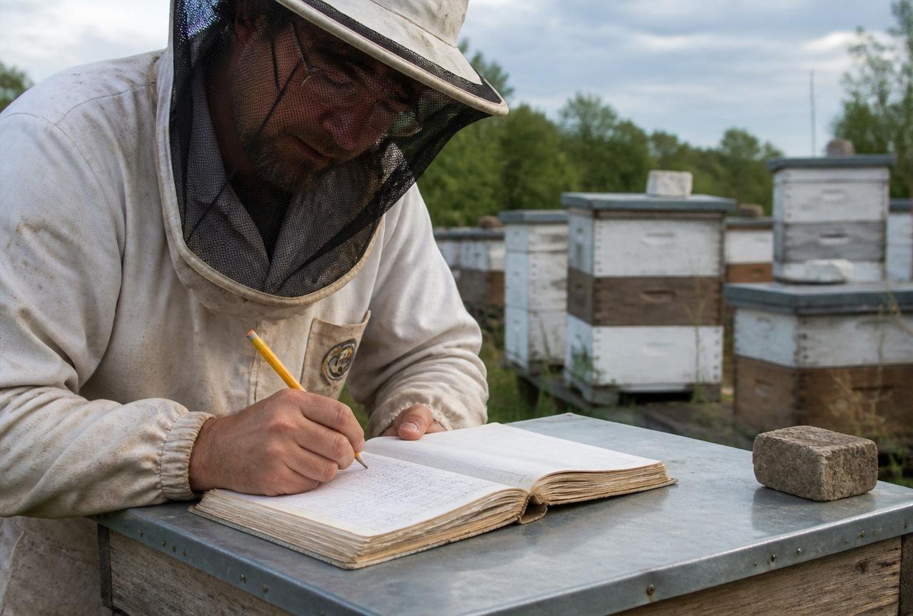 A Beekeeper Recording Hive Weights In A Field Notebook