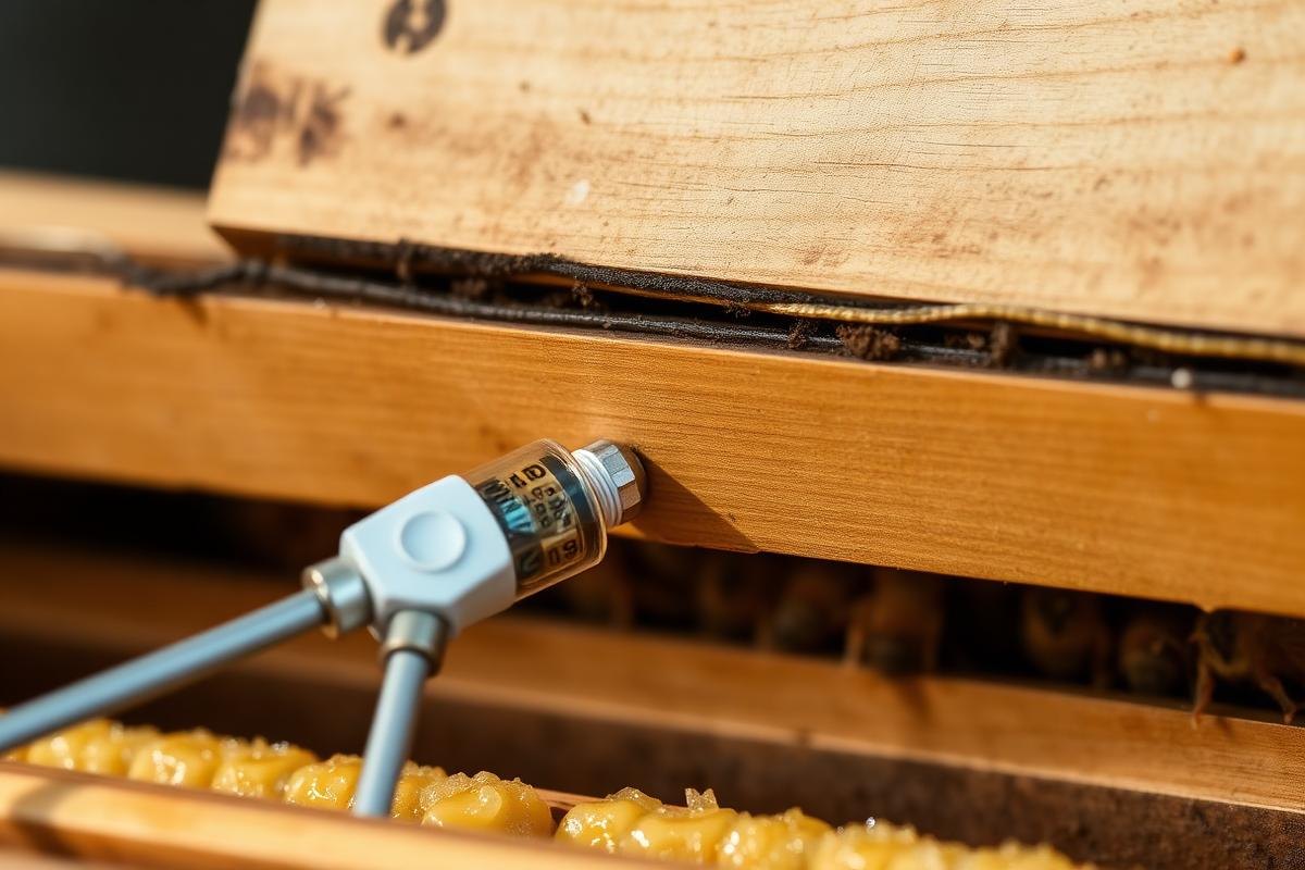 A Temperature And Humidity Probe Positioned Between Frames Beneath Crown Board