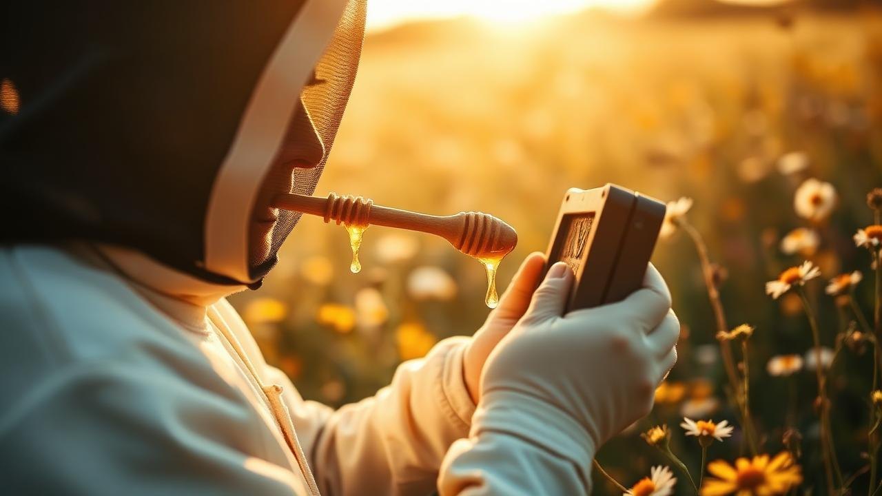 Beekeeper Tasting Honey In A Field Of Wildflowers