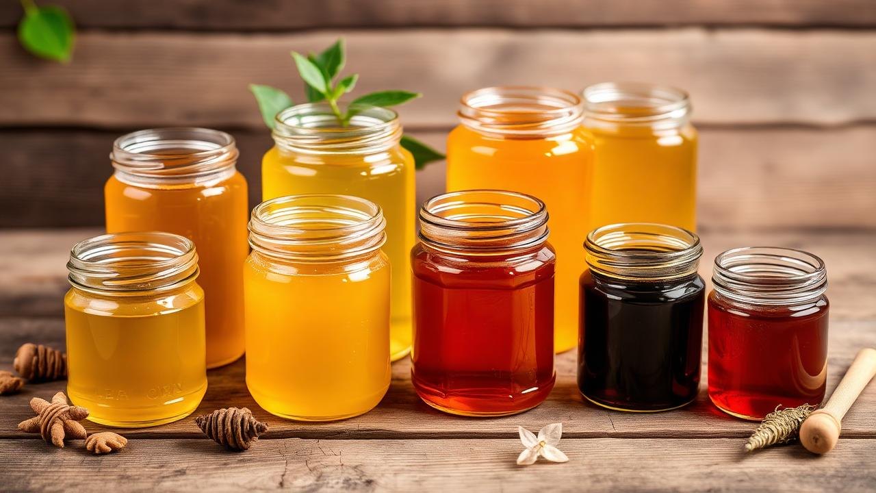 Different Honey Varieties Ranging From Light Golden To Dark Amber