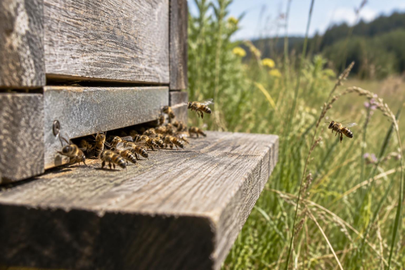 Worker Bees Fanning At A Hive Entrance On A Warm Day