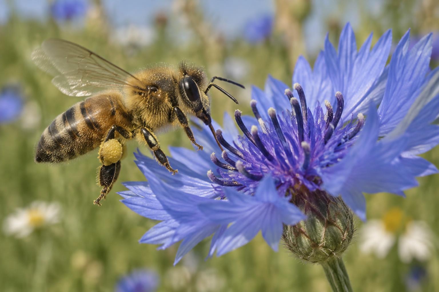 Honey bee sensory hairs visible while approaching a blue cornflower