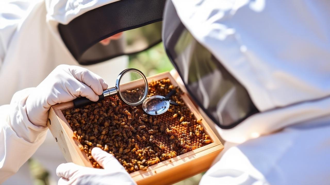 Beekeeper Using Magnifying Glass To Inspect Brood For Disease