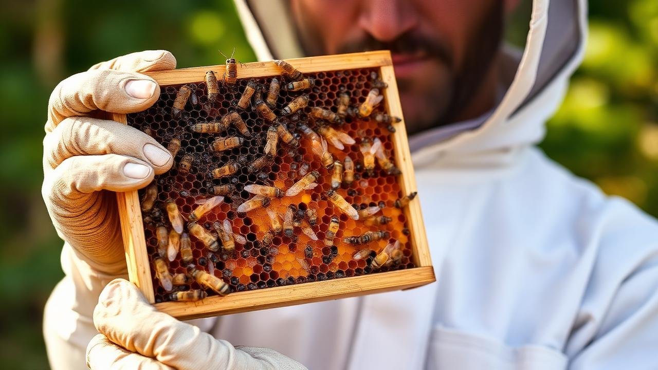 Beekeeper checking Identifying Common Bee Diseases for colony health