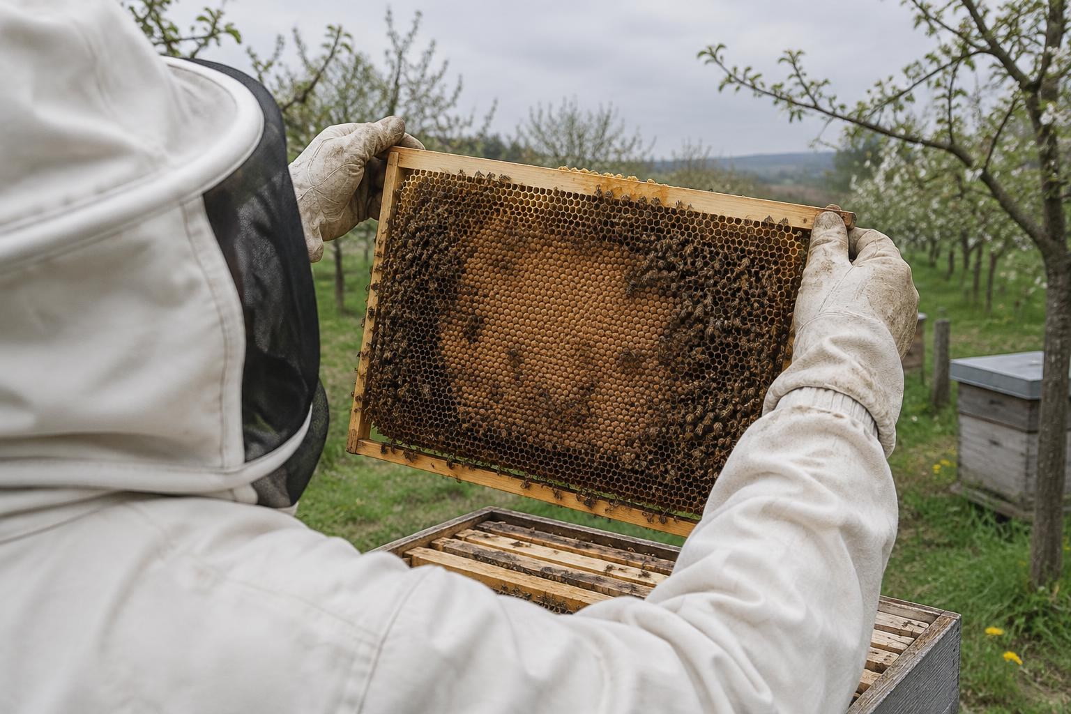 Beekeeper checking brood context before making queen cell management decisions