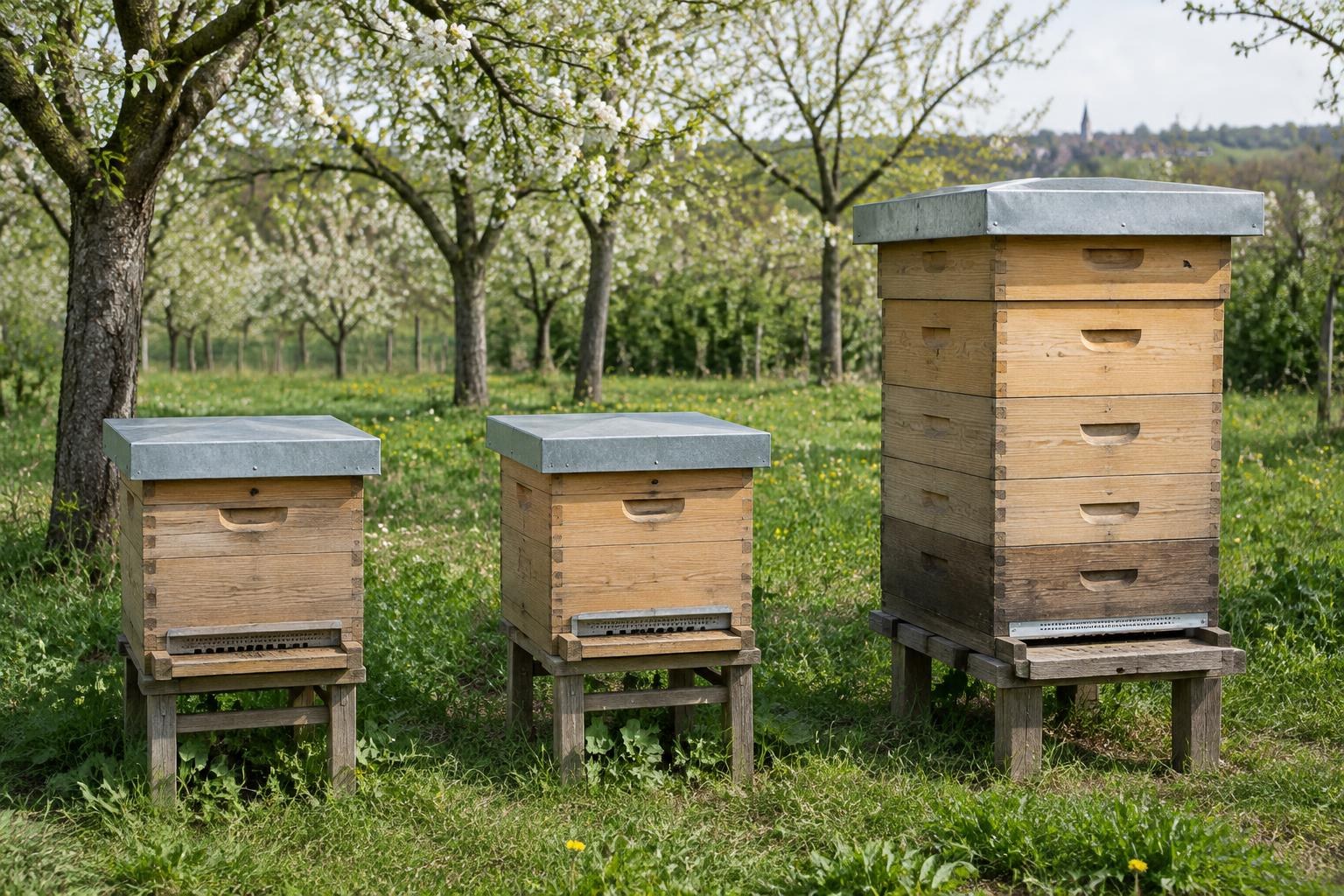 Closed wooden hives ready for planned queen management follow-up