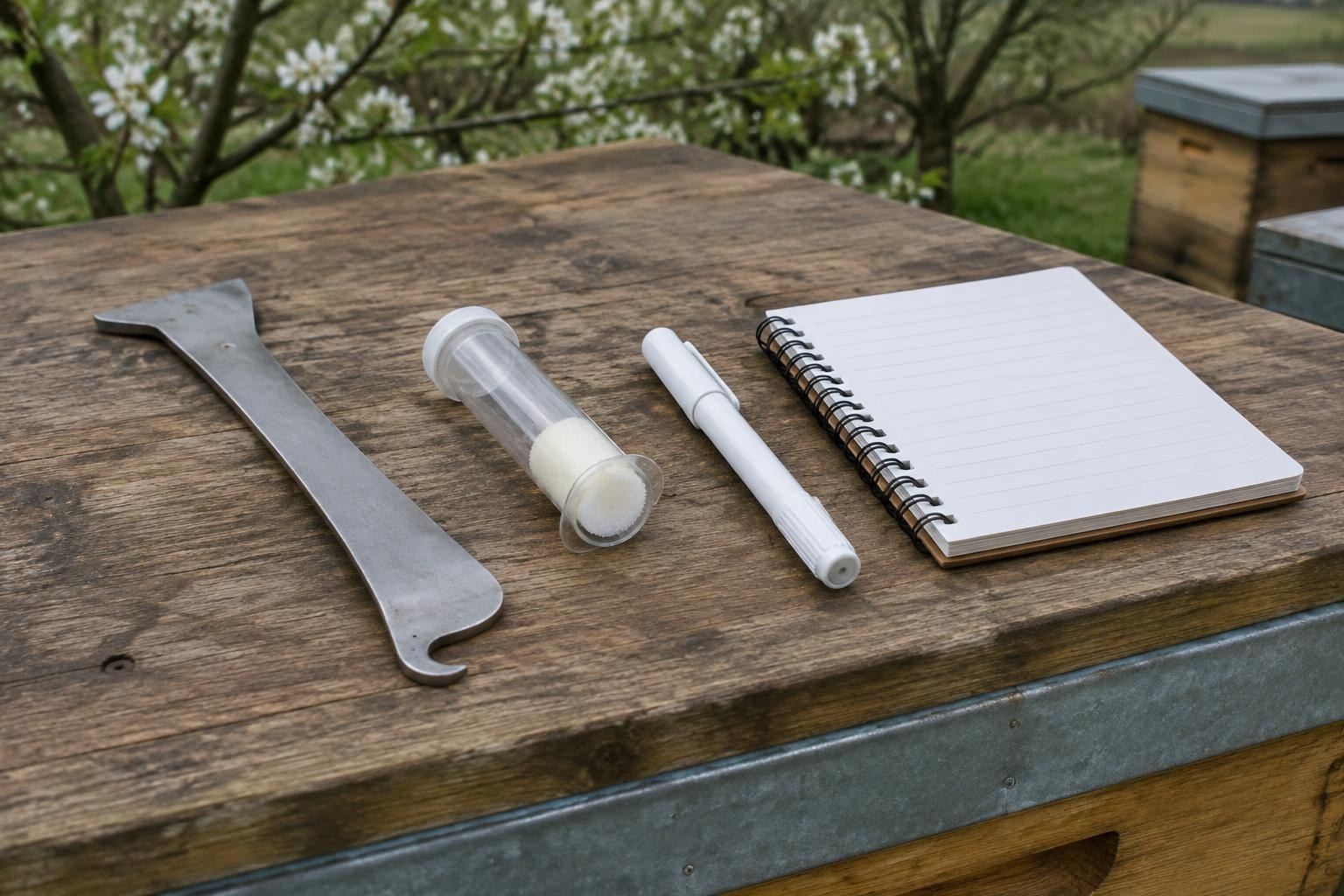Hive tool and queen marking equipment beside an inspection notebook