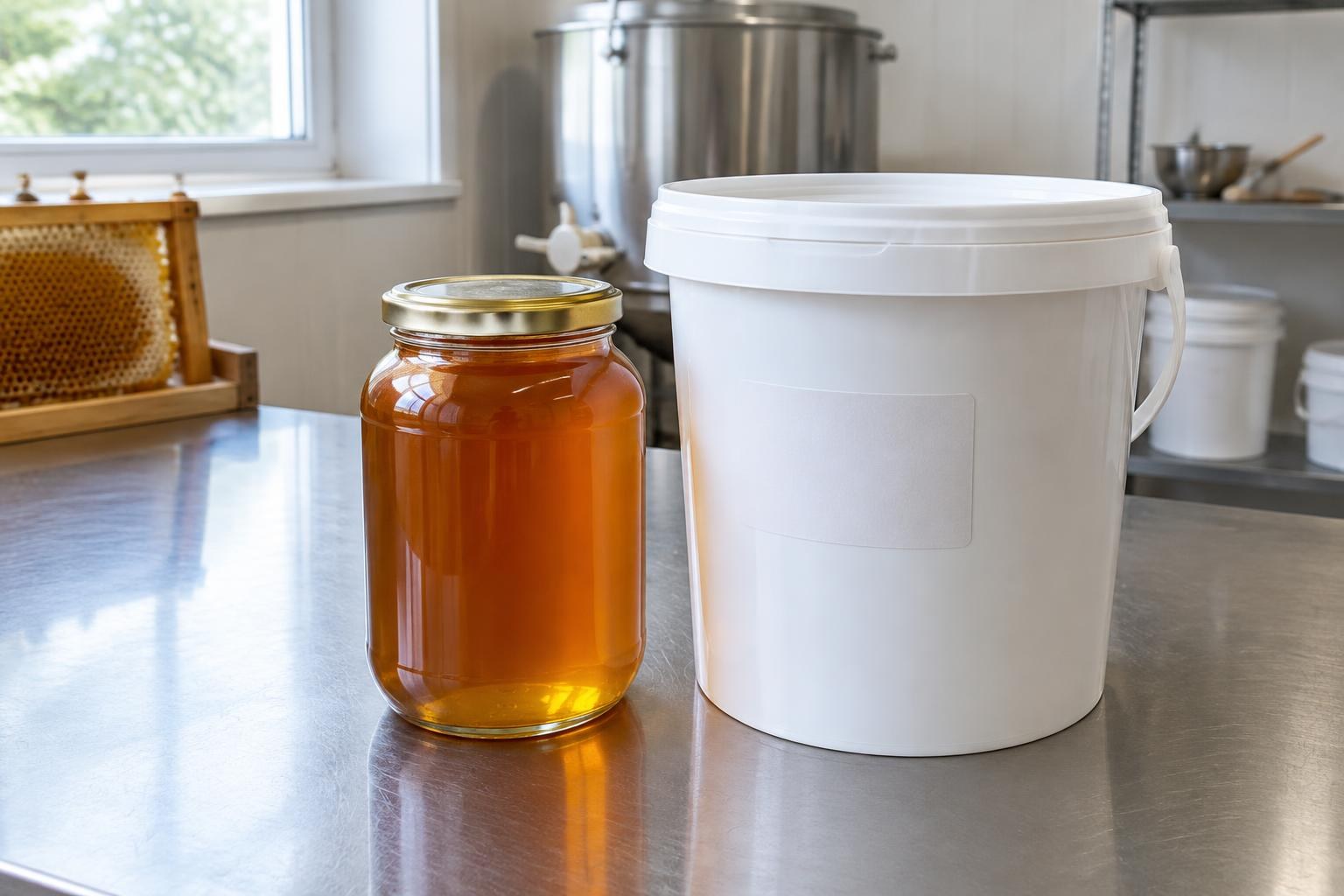 Amber honey sample jar beside a closed harvest storage bucket