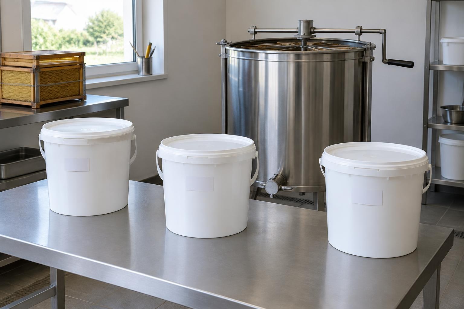 Separate lidded honey buckets on a clean extraction room table