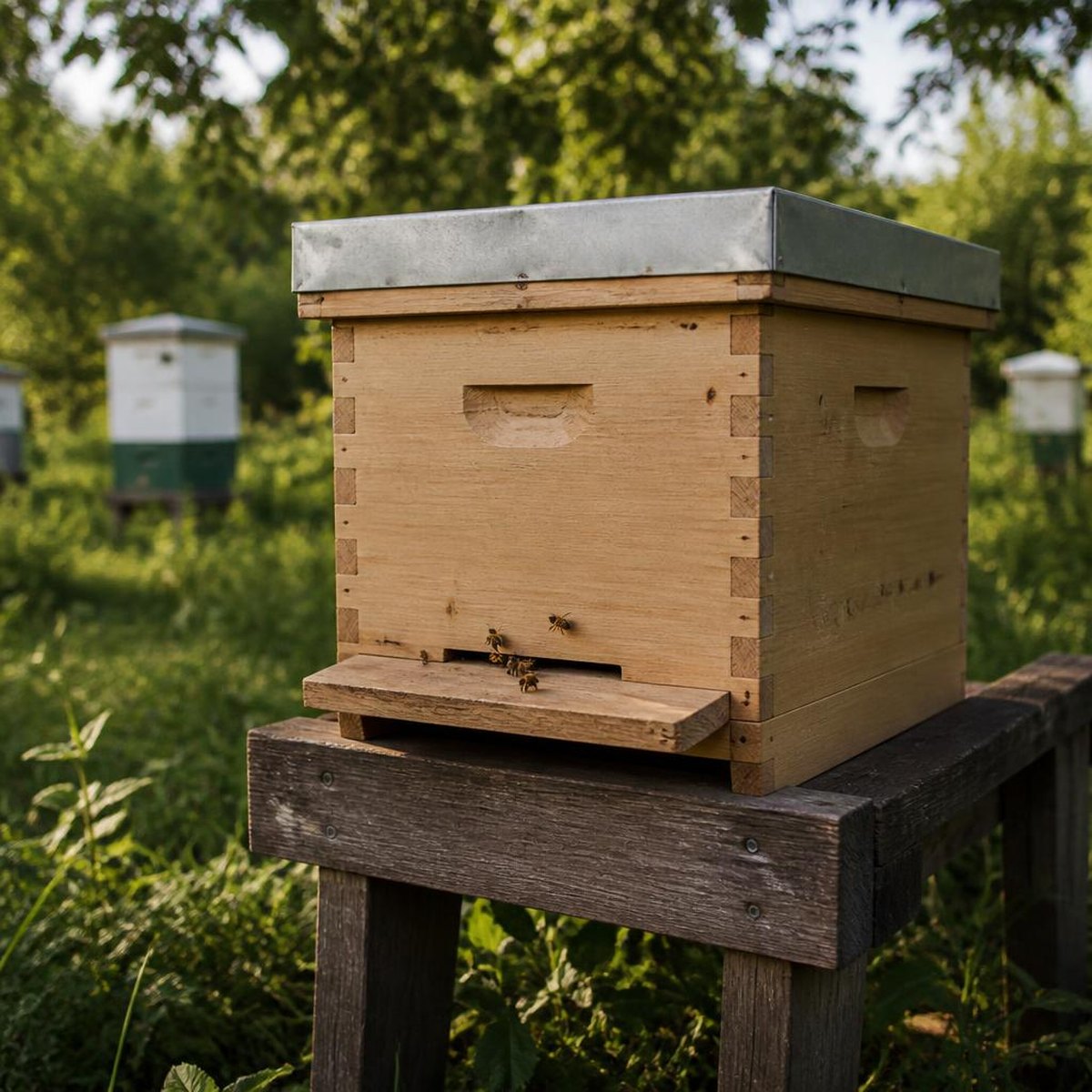 Wooden Nucleus Hive Sitting On A Stand In A Green Apiary