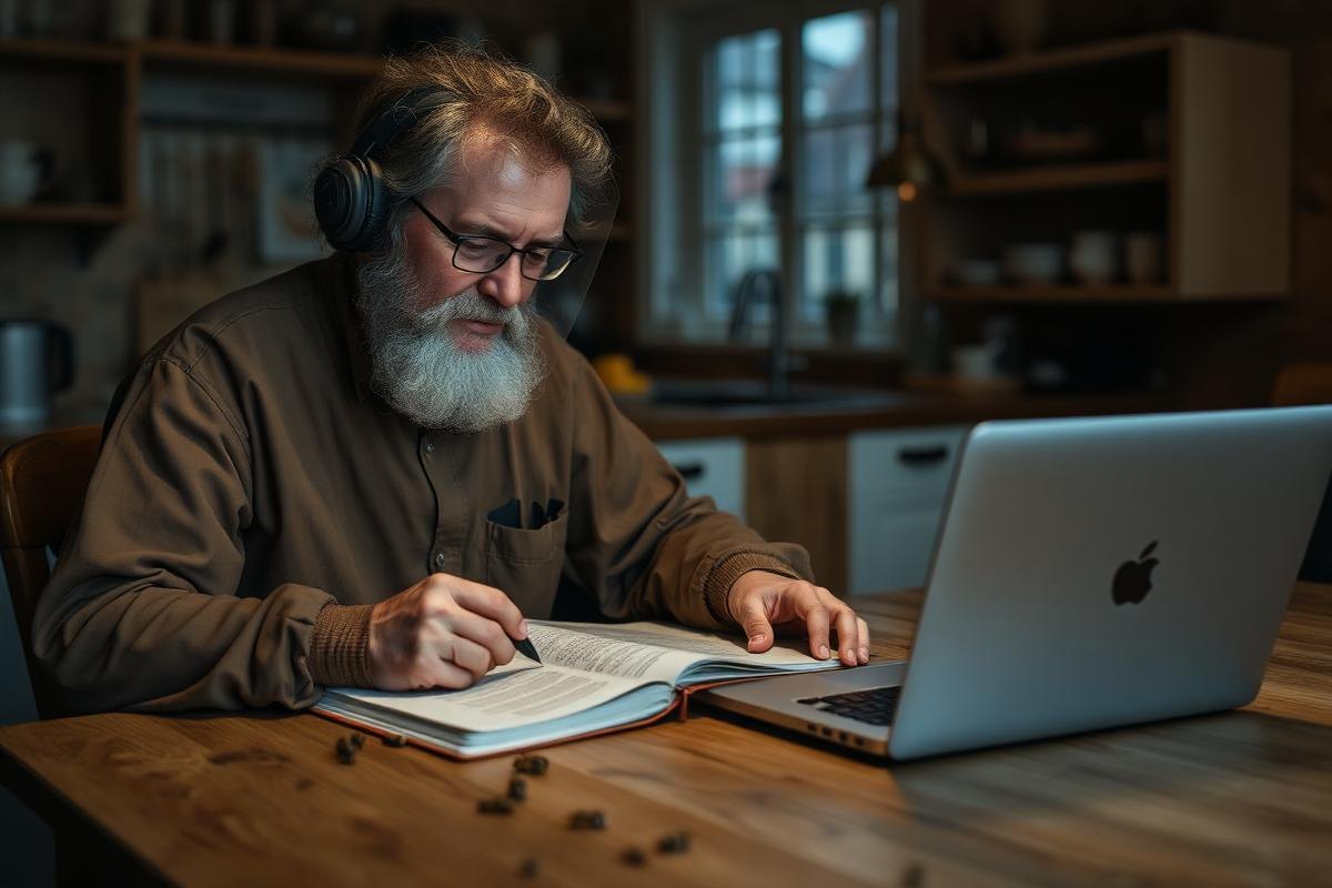 A Beekeeper At A Table In Evening Reviewing Beekeeping Notes Beside