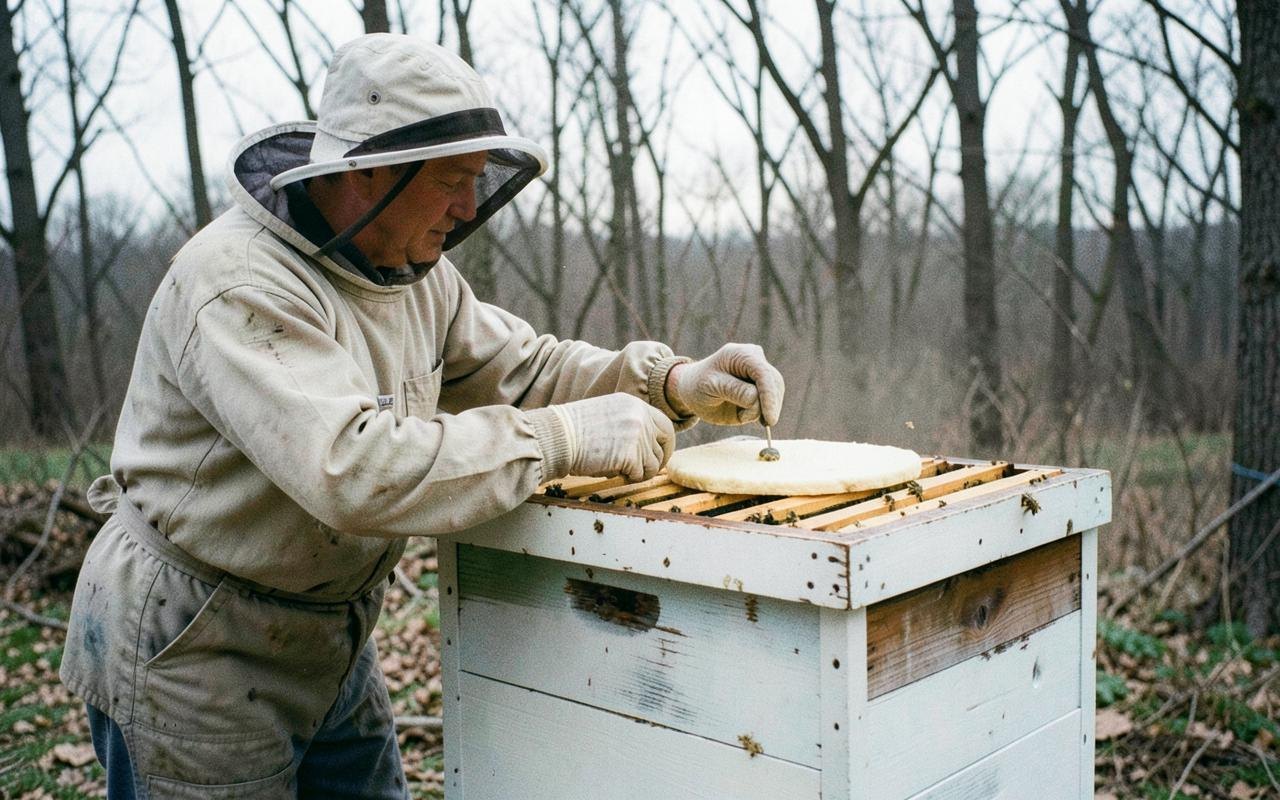 Beekeeper checking Pollen Substitute Protein Feeding for apiary management