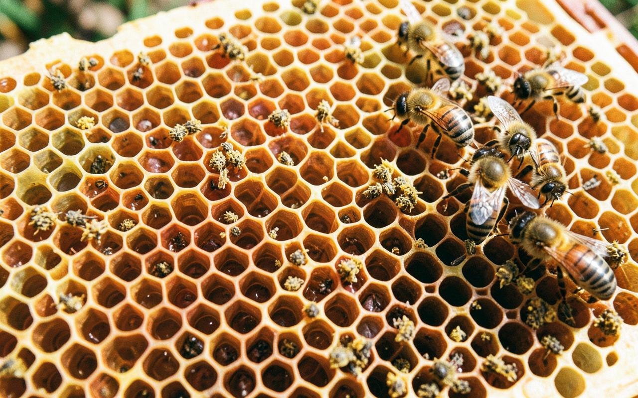 Comb Cells Packed With Orange And Yellow Stored Pollen Beside Capped