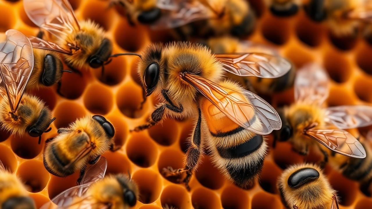 Queen Bee Surrounded By Workers On Honeycomb