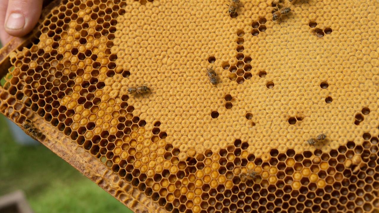 Brood Comb Showing Capped Worker Brood With An Arc Of Pollen