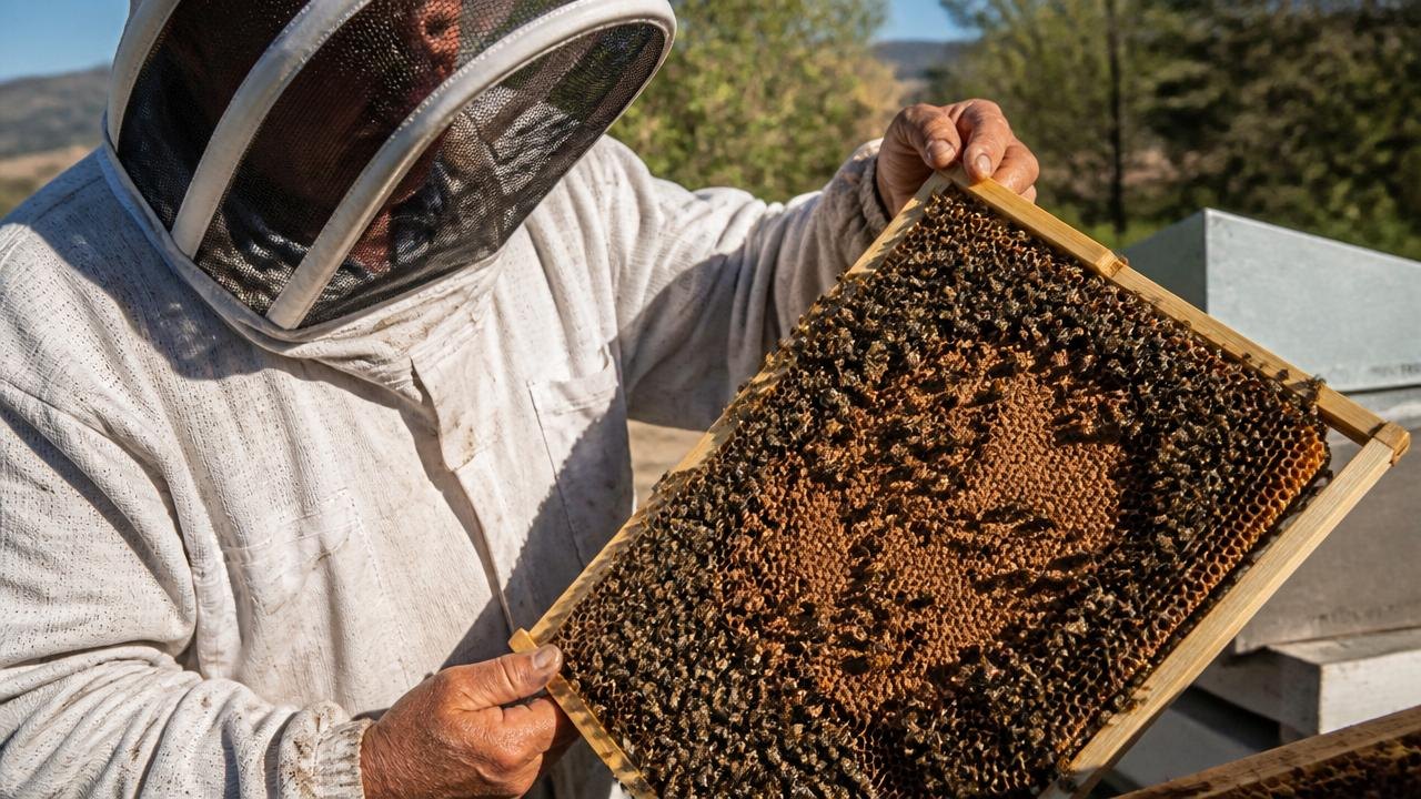 Beekeeper checking Reading Brood Frames Single for apiary management