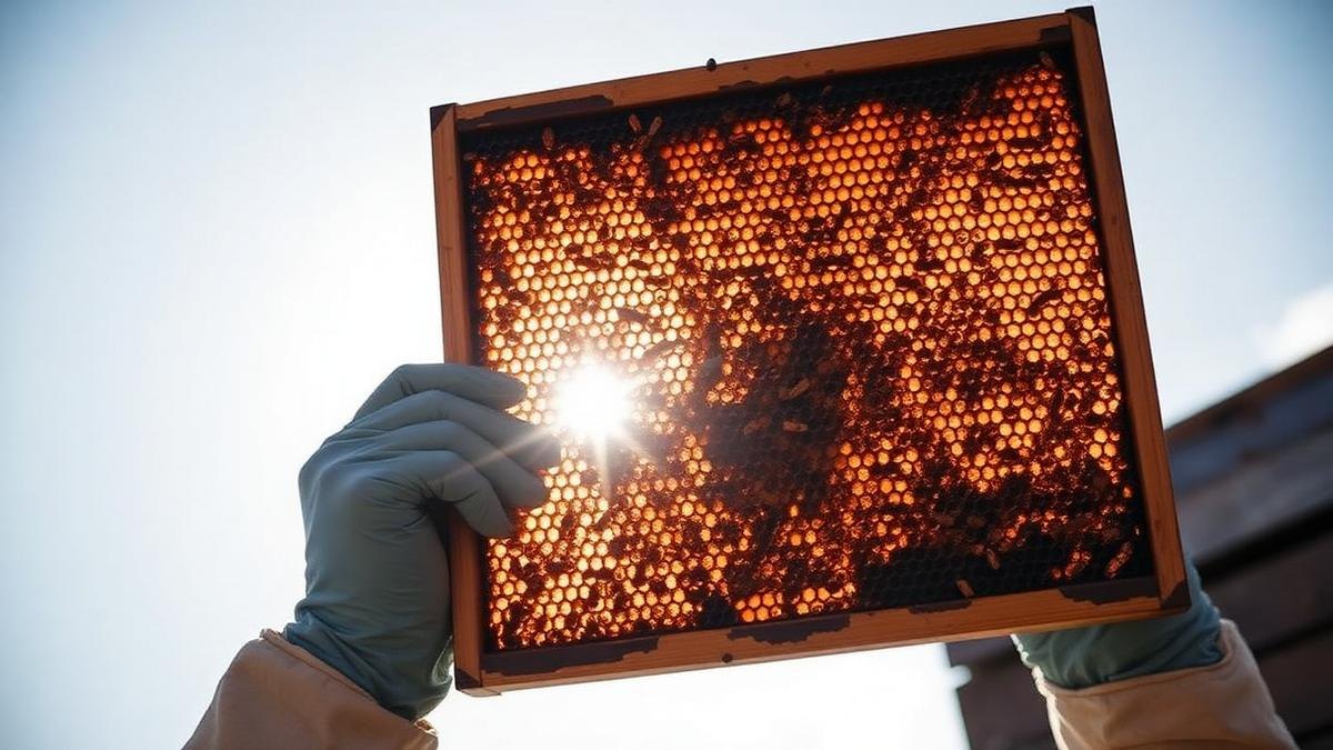 Beekeeper checking Reading Comb Old Frames for apiary management