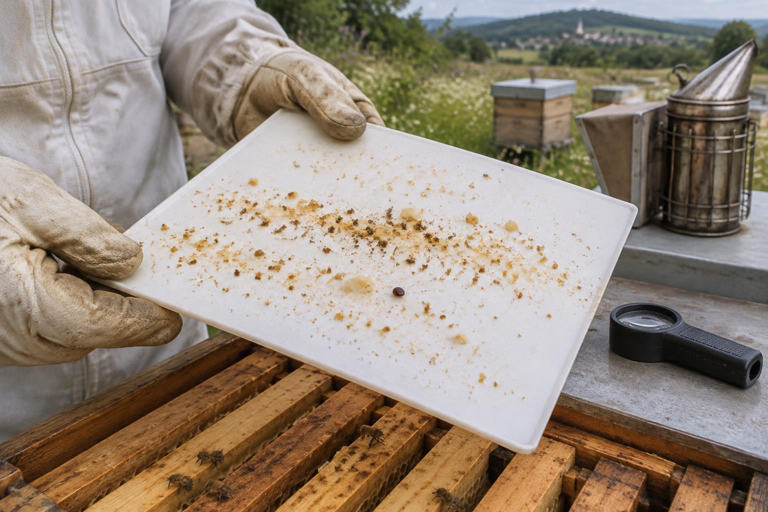 Beekeeper examining wax crumbs and natural debris on a hive board