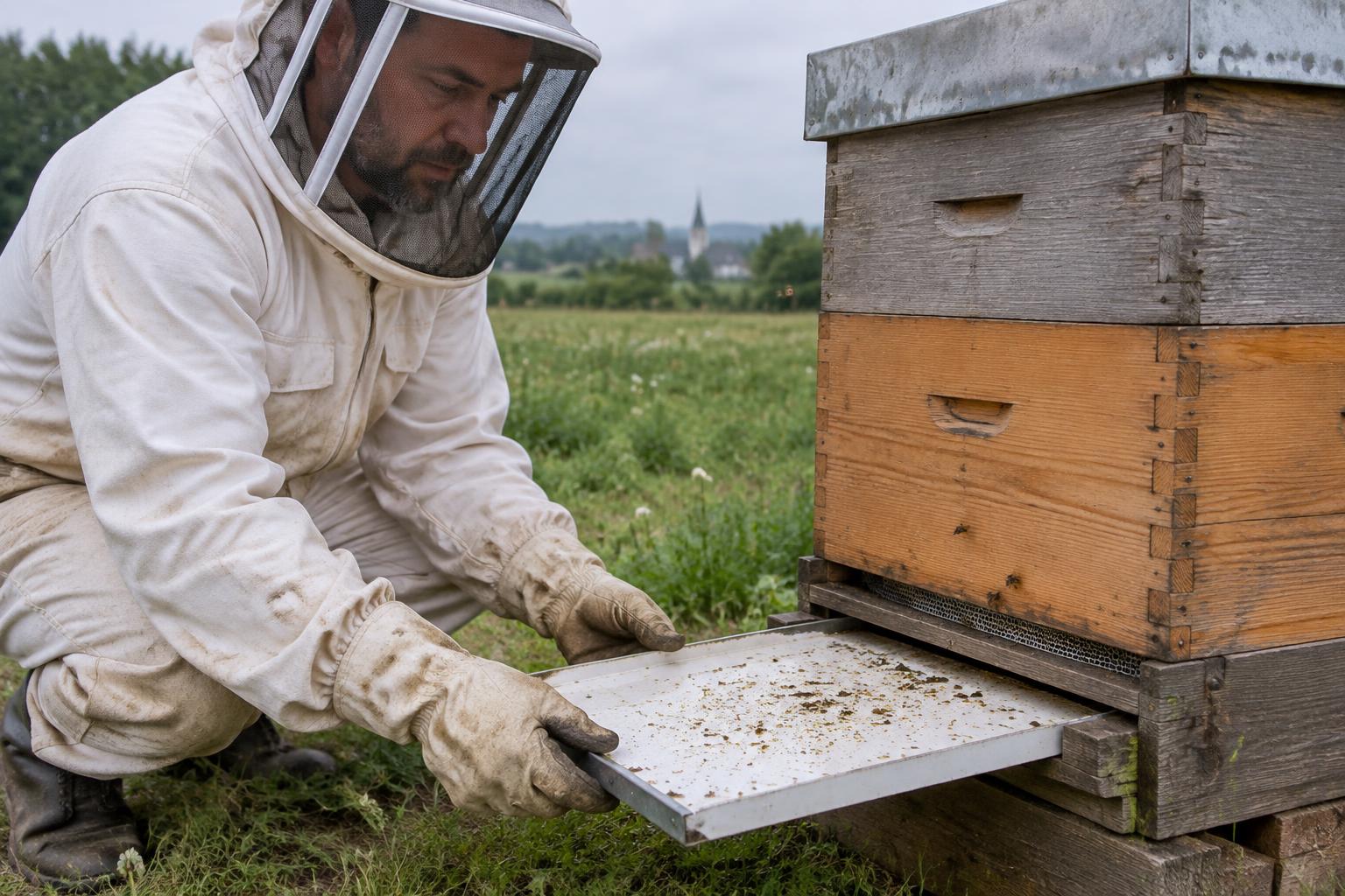 Beekeeper sliding a debris board from beneath a wooden hive