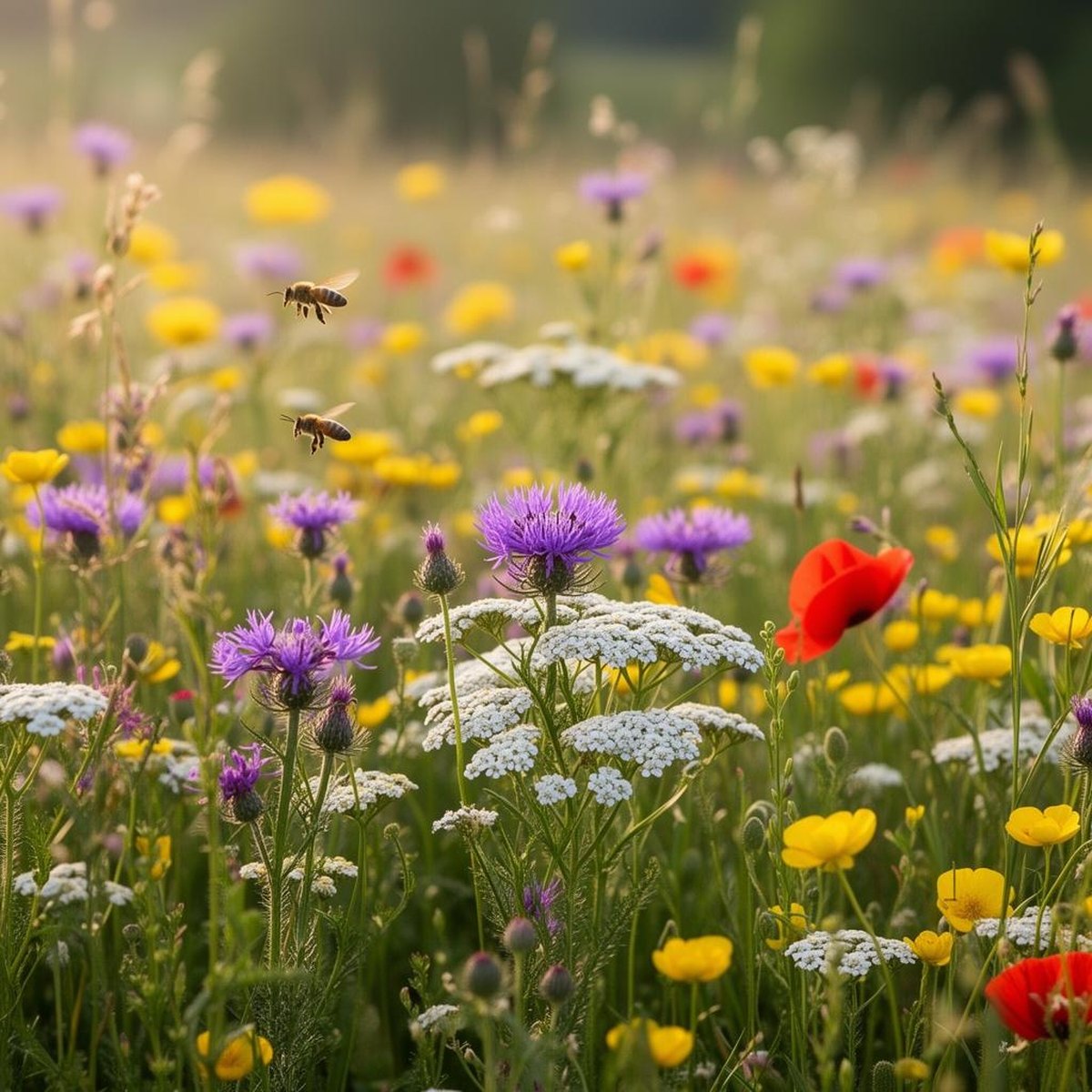 Diverse Wildflower Meadow With Honey Bees Foraging On Mixed Blooms
